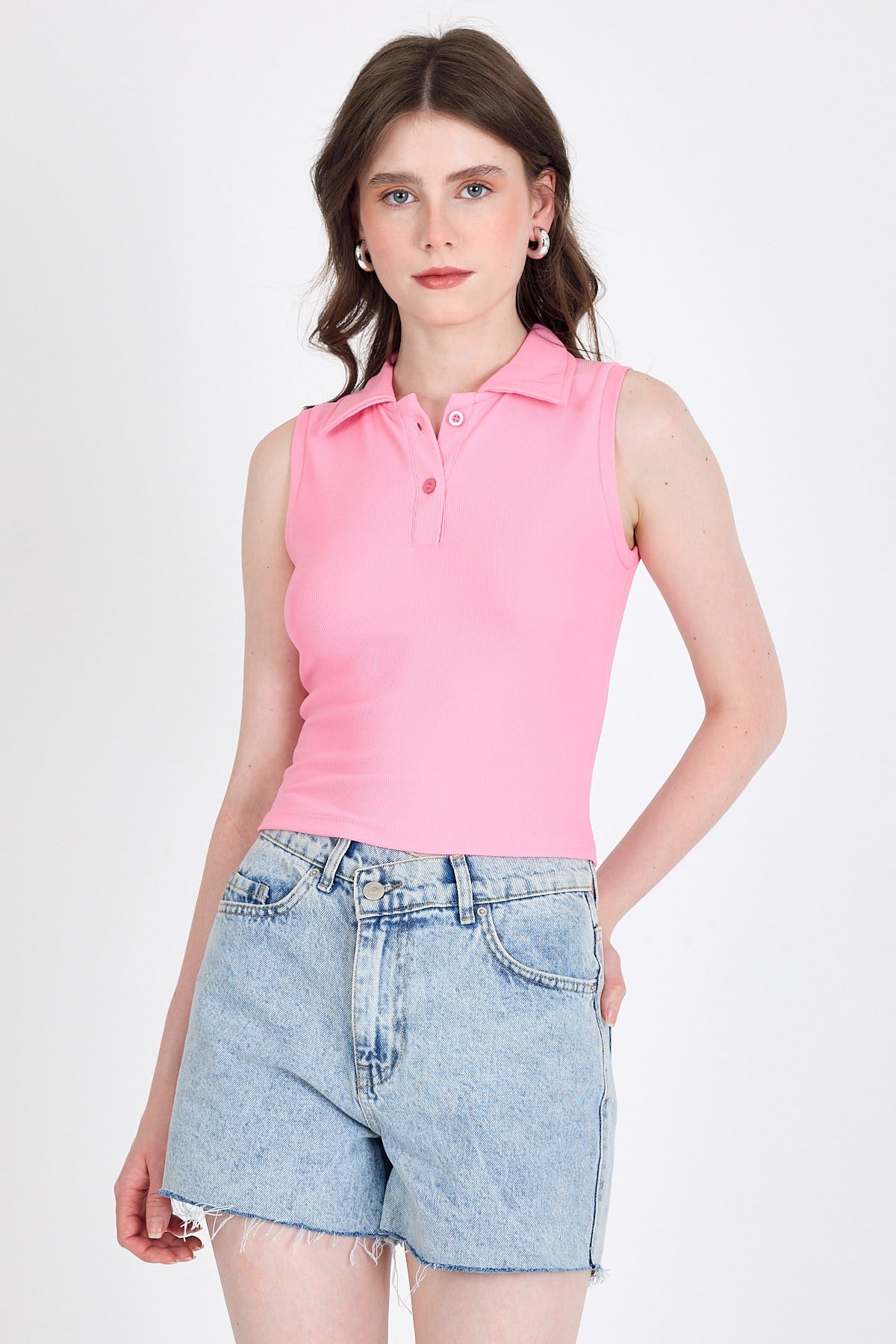 Bluz-Pembe Düğmeli Polo Yaka Sıfır Kol Örme Bluz 2219-rulem