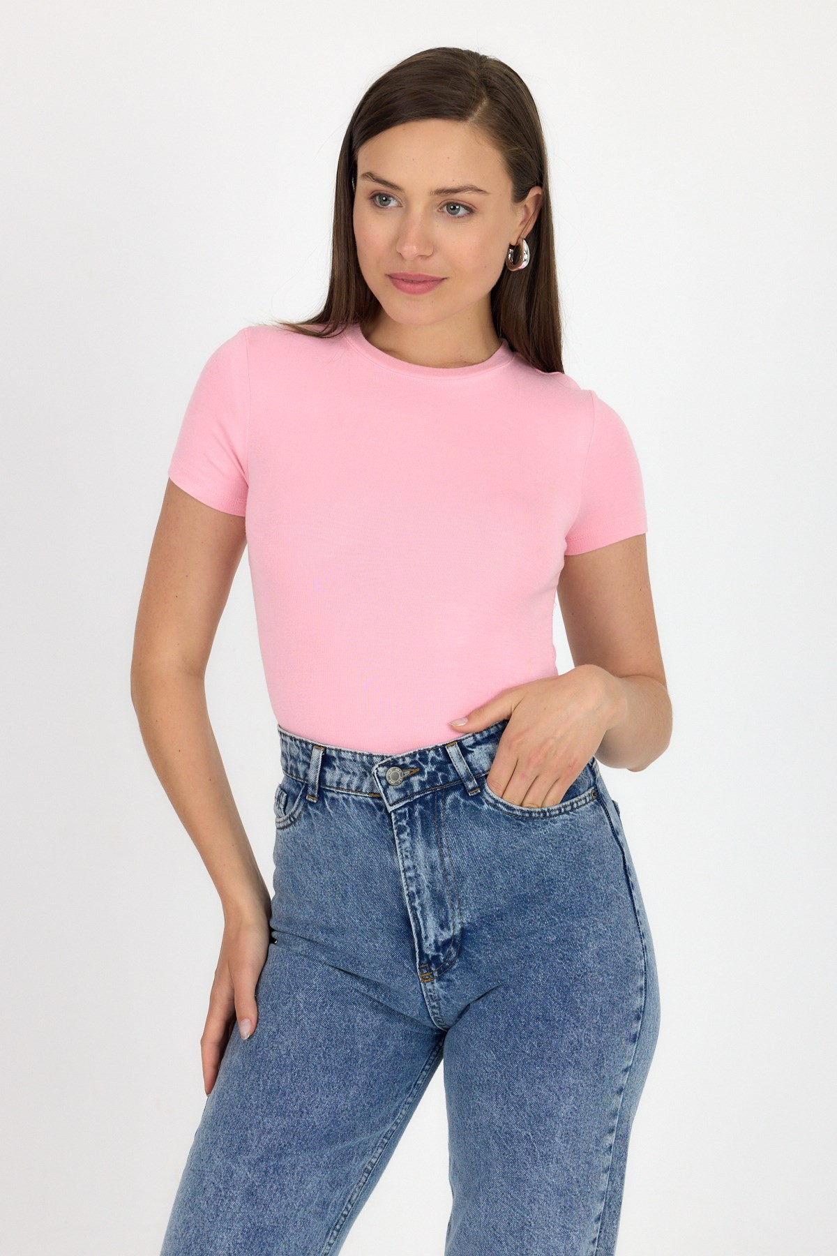 Bluz-Pembe Viskoz/Yumuşak Kumaş Slim Fit Tişört 1468-rulem