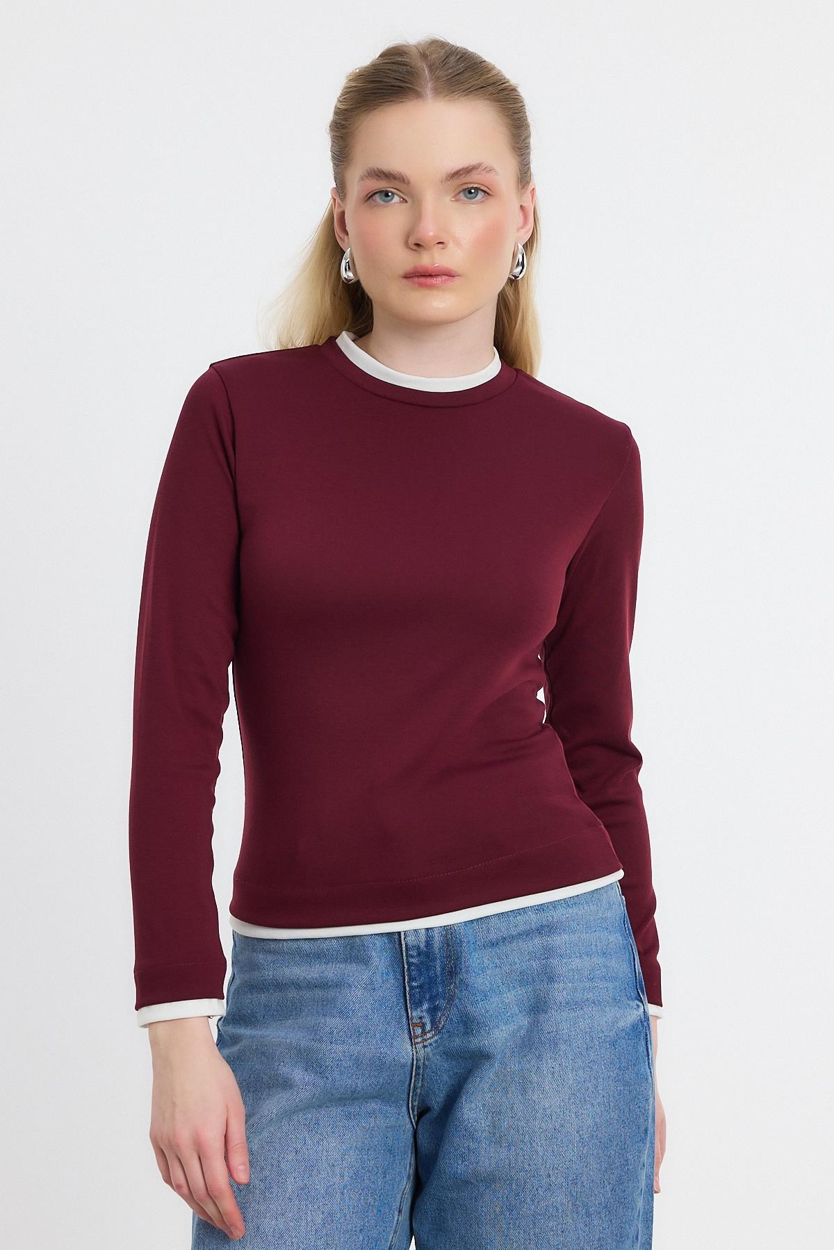 Bluz-Ribana Detay Uzun Kollu Bluz 3011 Bordo -rulem