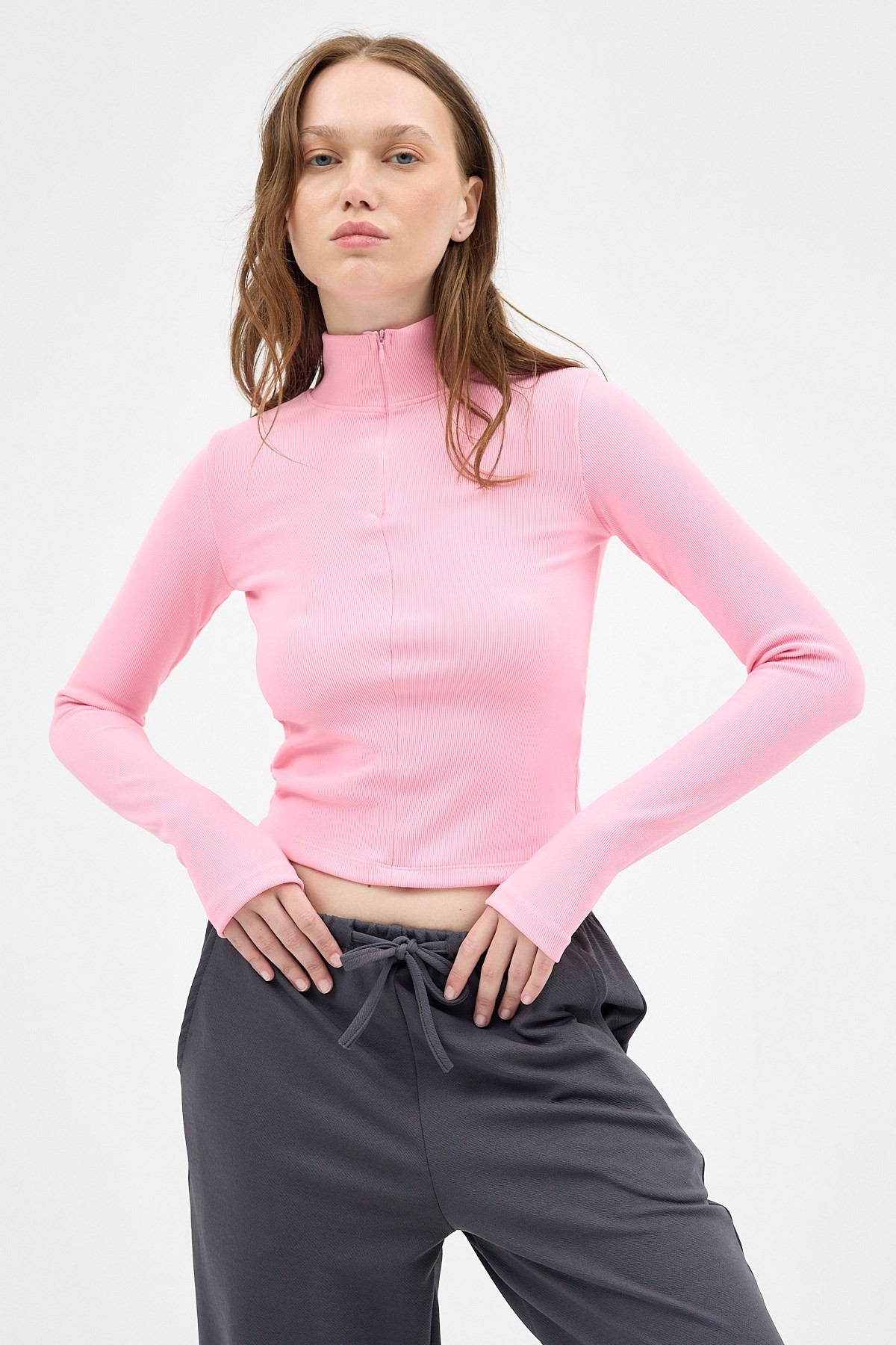 Bluz-Şeker Pembe Yarım Balıkçı Yaka Fermuarlı Body 2447-rulem