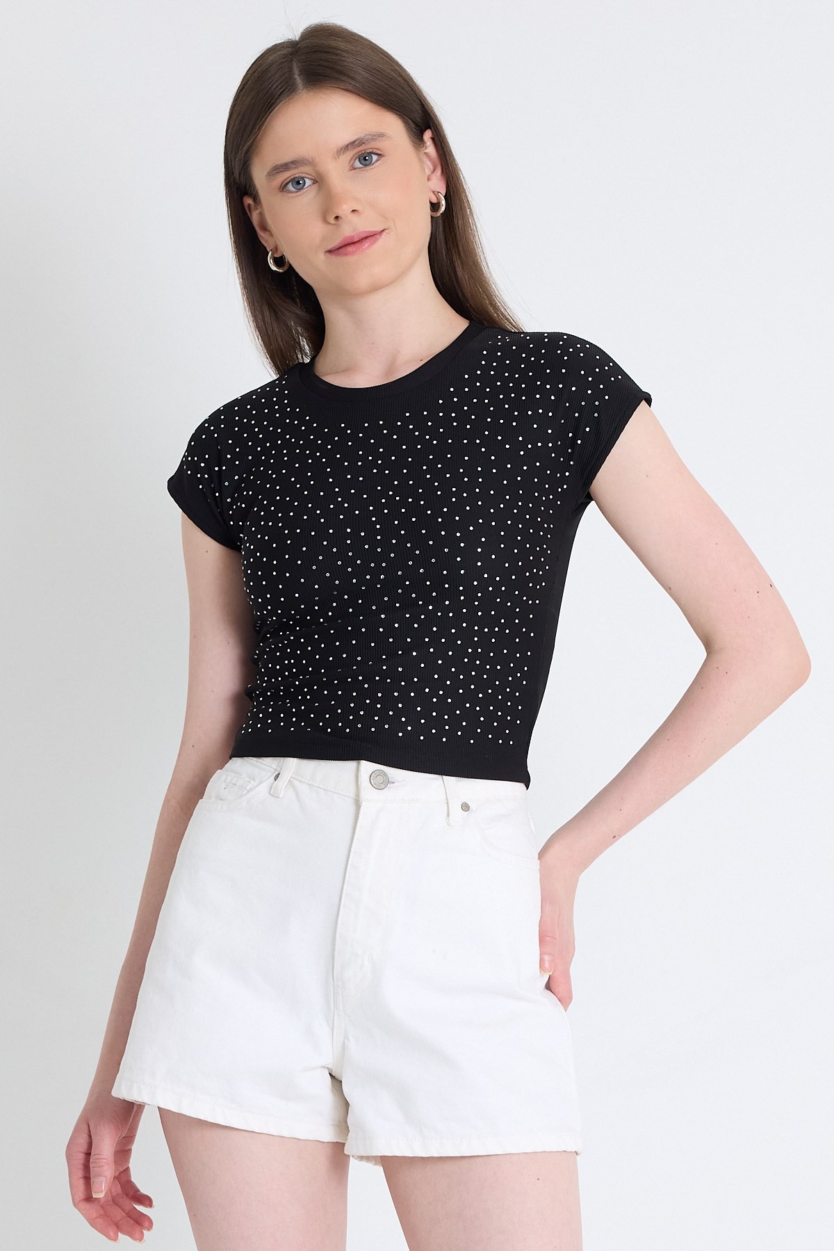 Bluz-Siyah Taş Detaylı Slim Fit Crop Tişört 9207M-rulem