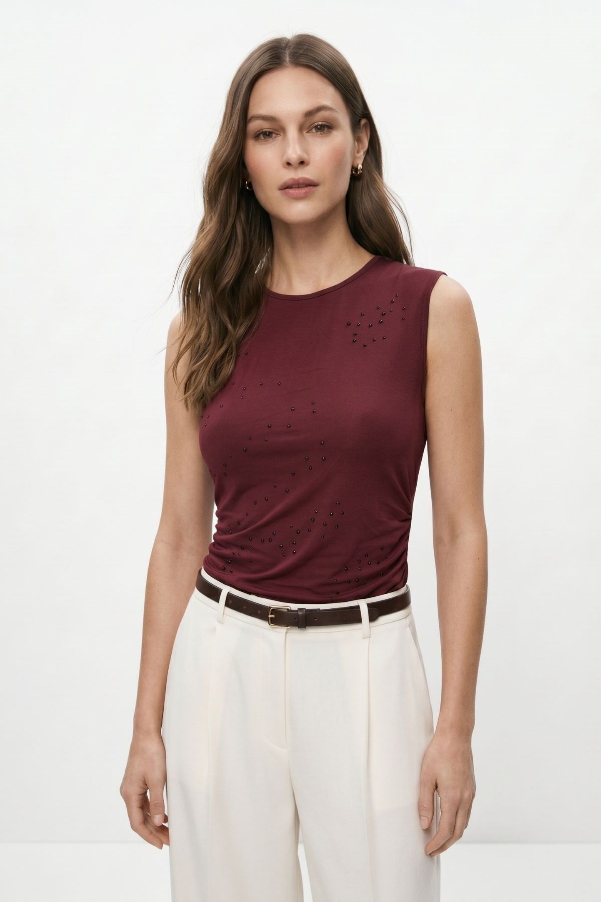 Bluz-Taşlı Büzgülü Bluz 3656 Bordo -rulem