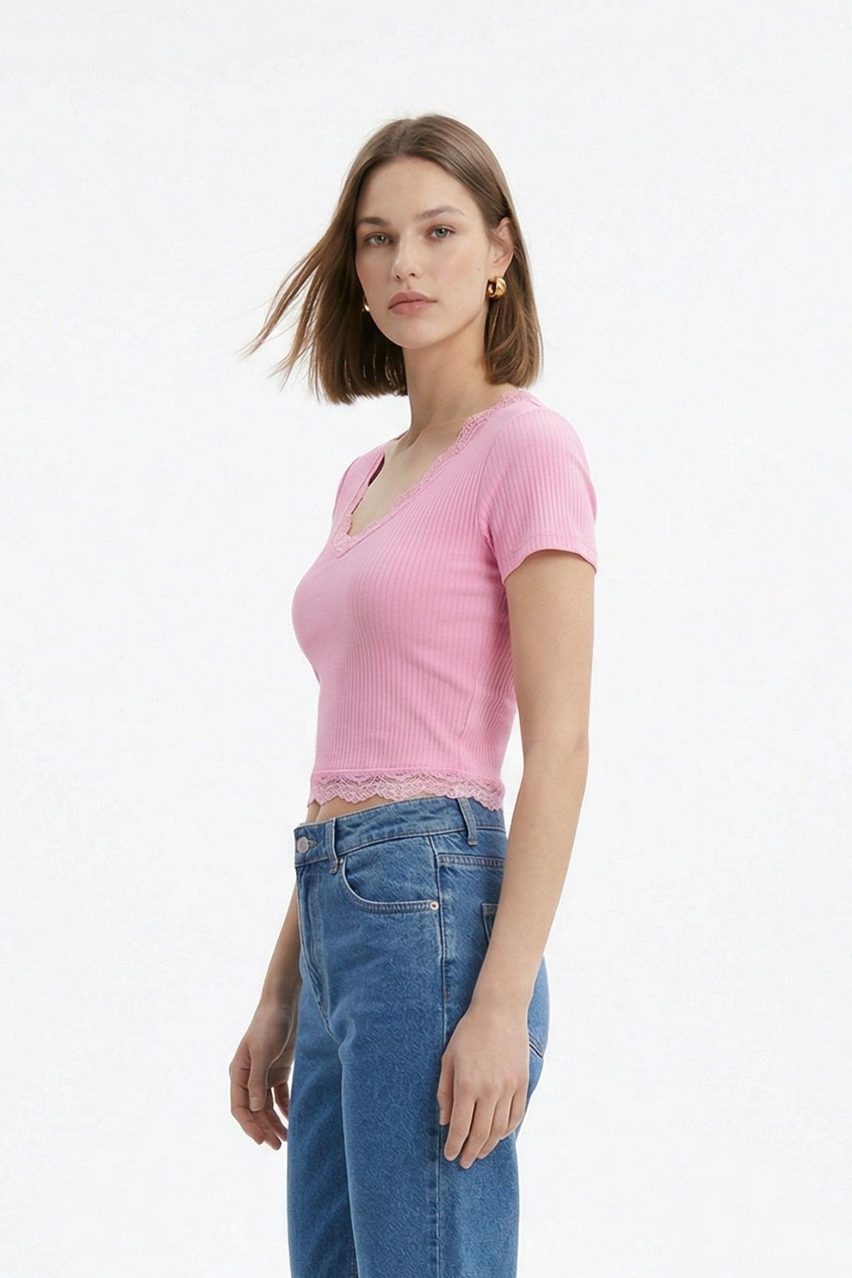 Bluz-V Yaka Dantelli Bluz 2304 Pembe -rulem