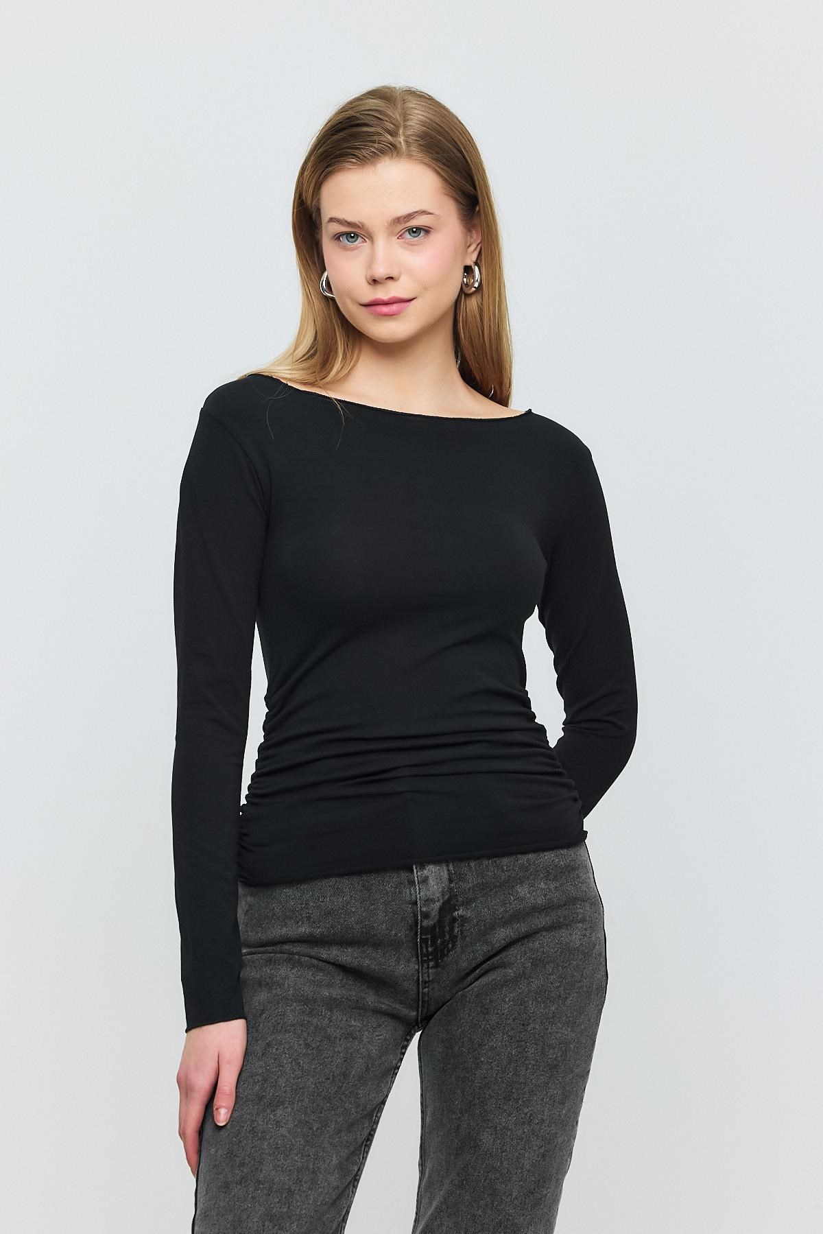 Bluz-Yanları Büzgülü Bluz 3027 Siyah -rulem