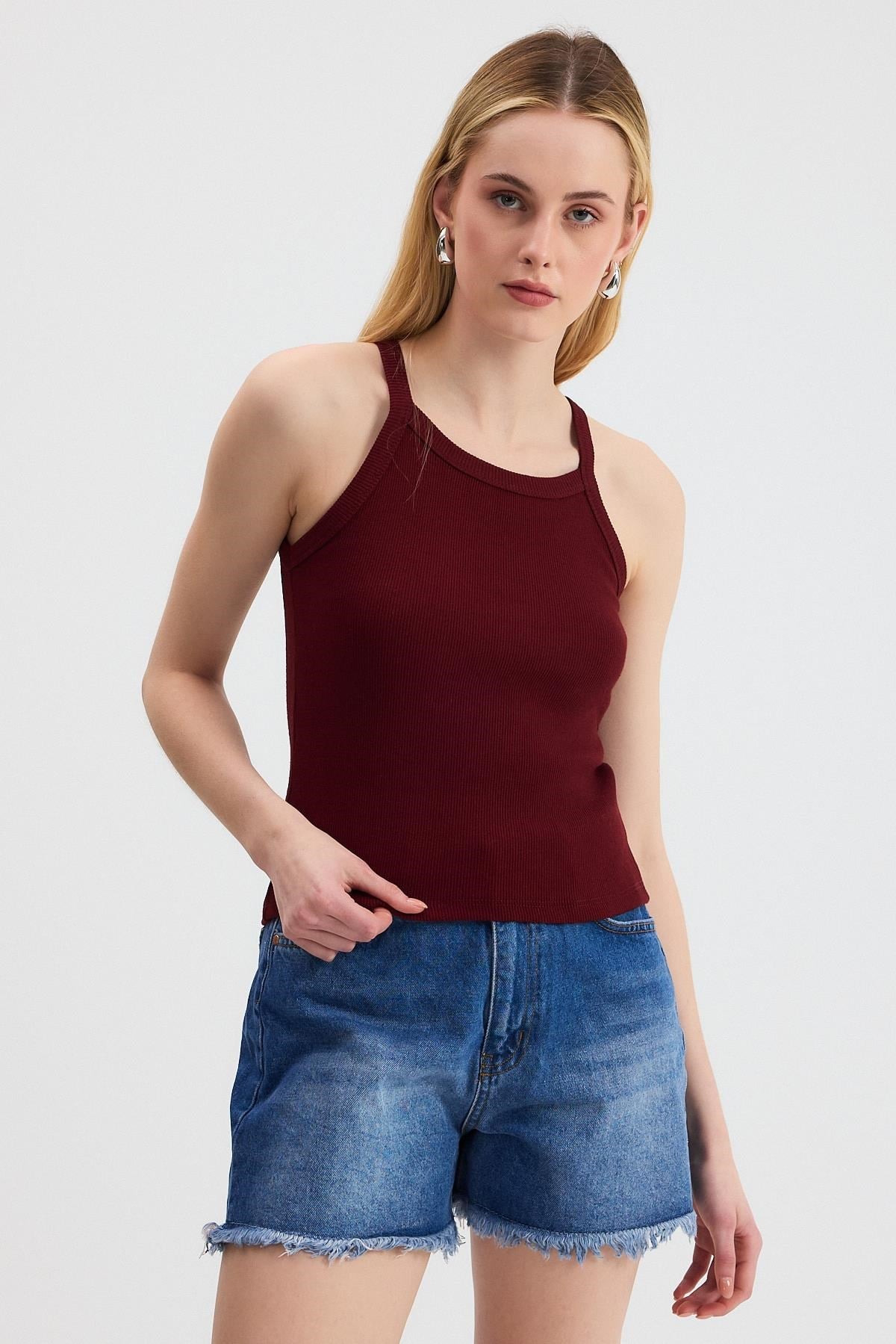 Bordo -1121 Sıfır Kol Fitilli Halter Yaka Basic Atlet