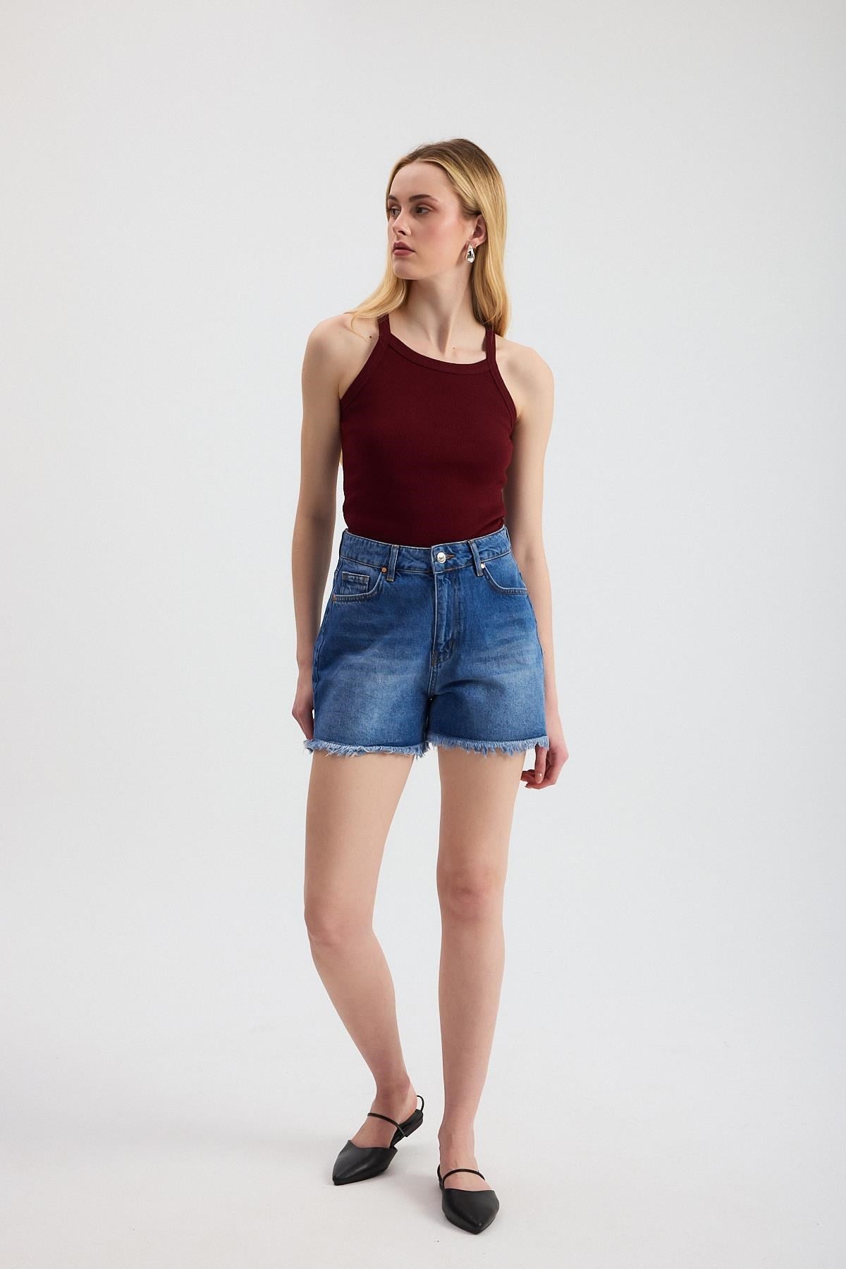 Bordo -1121 Sıfır Kol Fitilli Halter Yaka Basic Atlet