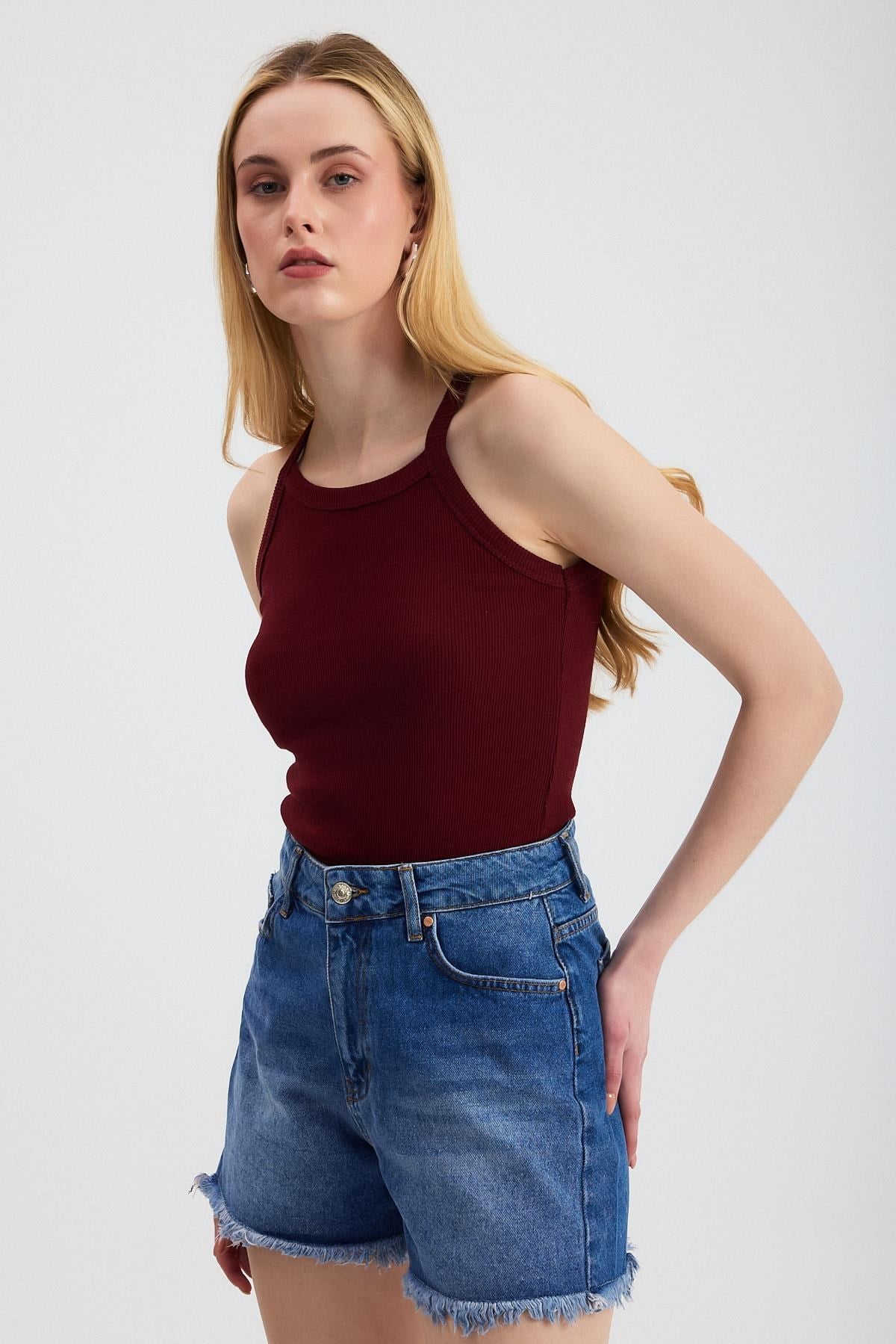 Bordo -1121 Sıfır Kol Fitilli Halter Yaka Basic Atlet