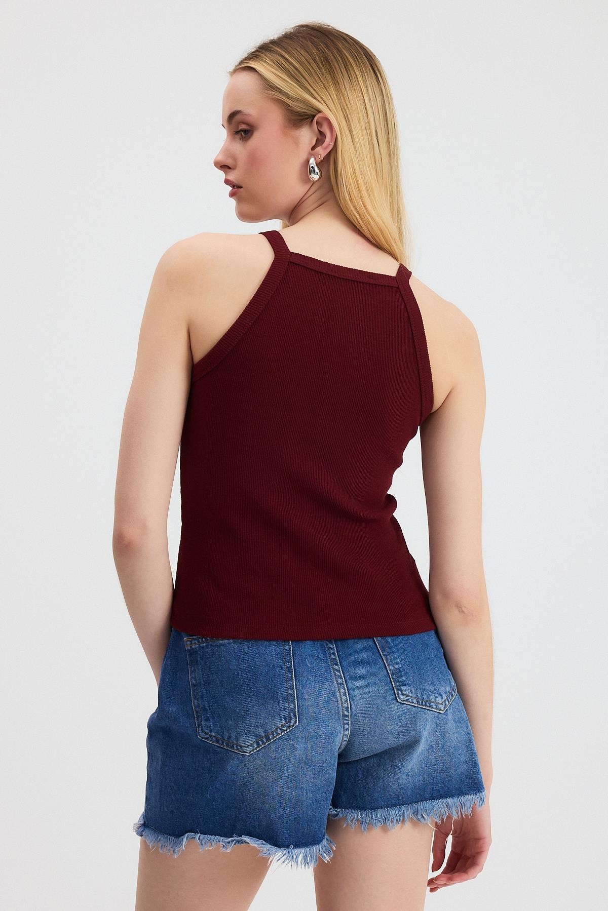 Bordo -1121 Sıfır Kol Fitilli Halter Yaka Basic Atlet