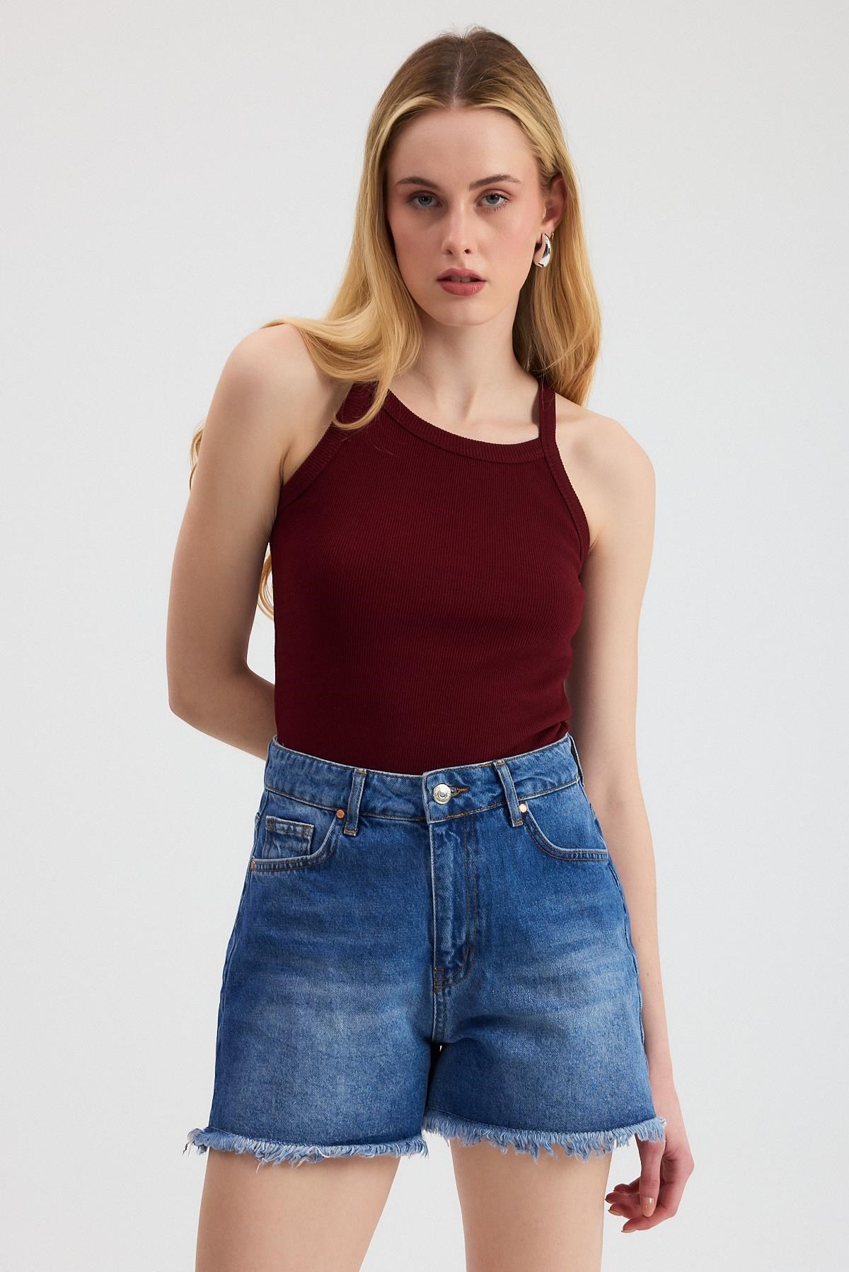 Bordo -1121 Sıfır Kol Fitilli Halter Yaka Basic Atlet