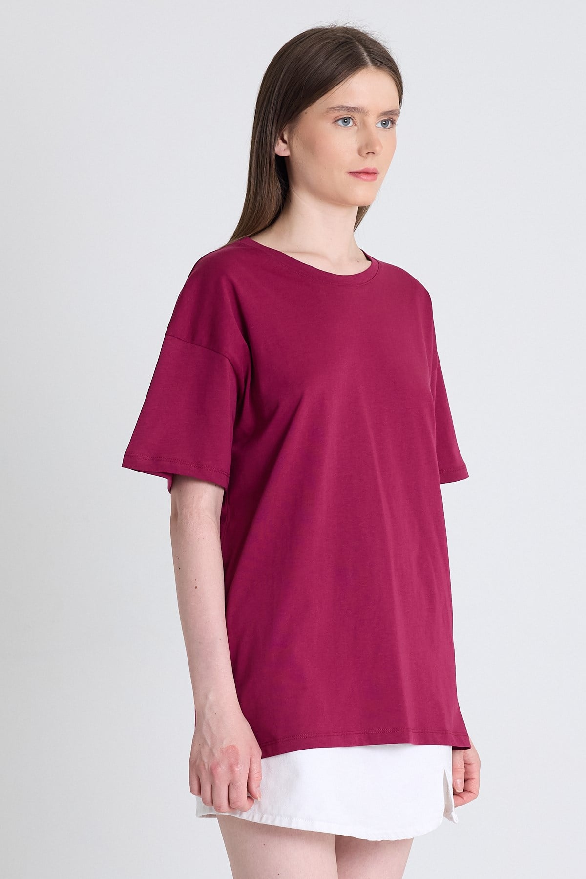 Bordo Arka Yazı Baskılı Kalpli %100 Pamuk Oversize Tişört 2150-33M
