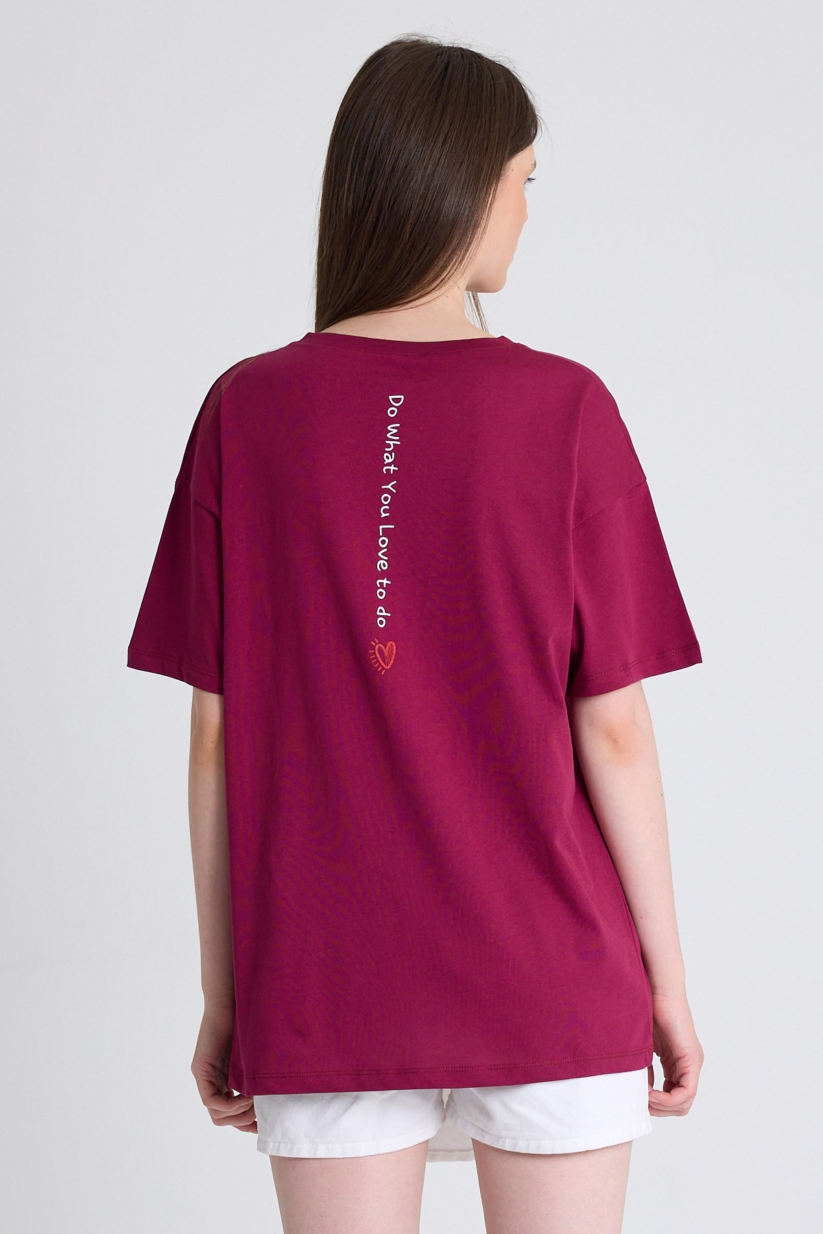 Bordo Arka Yazı Baskılı Kalpli %100 Pamuk Oversize Tişört 2150-33M