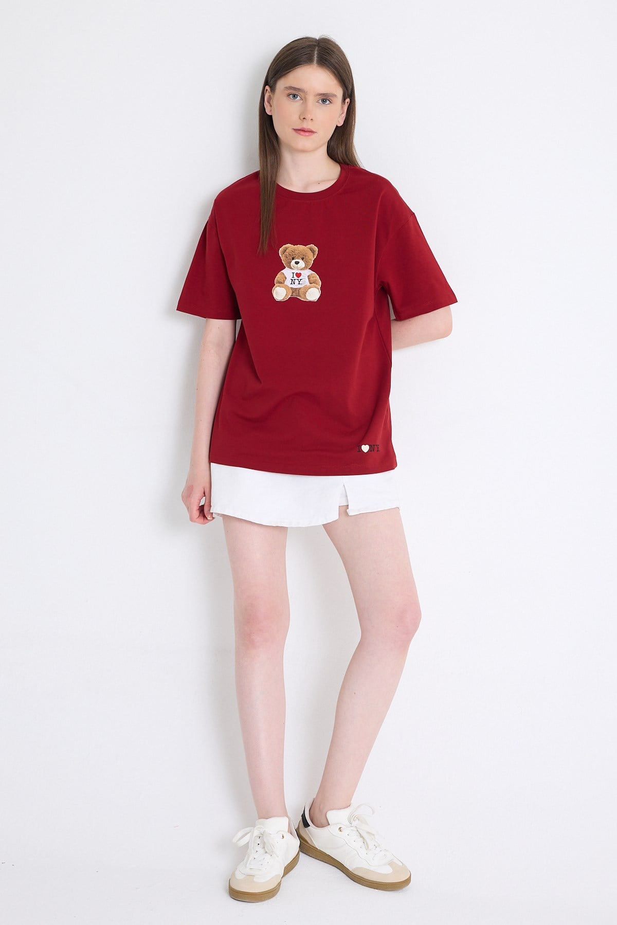 Bordo Ayı Baskılı Oversize Tişört 6402