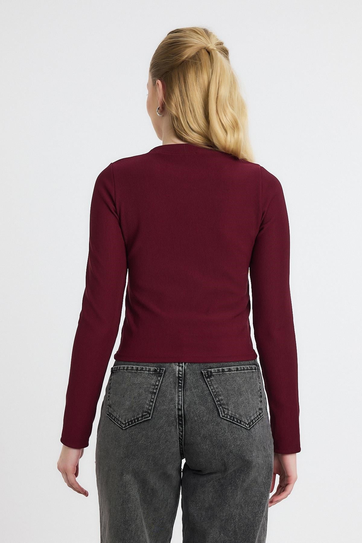 Bordo Ayıcık Nakışlı Bisiklet Yaka Bluz 2200