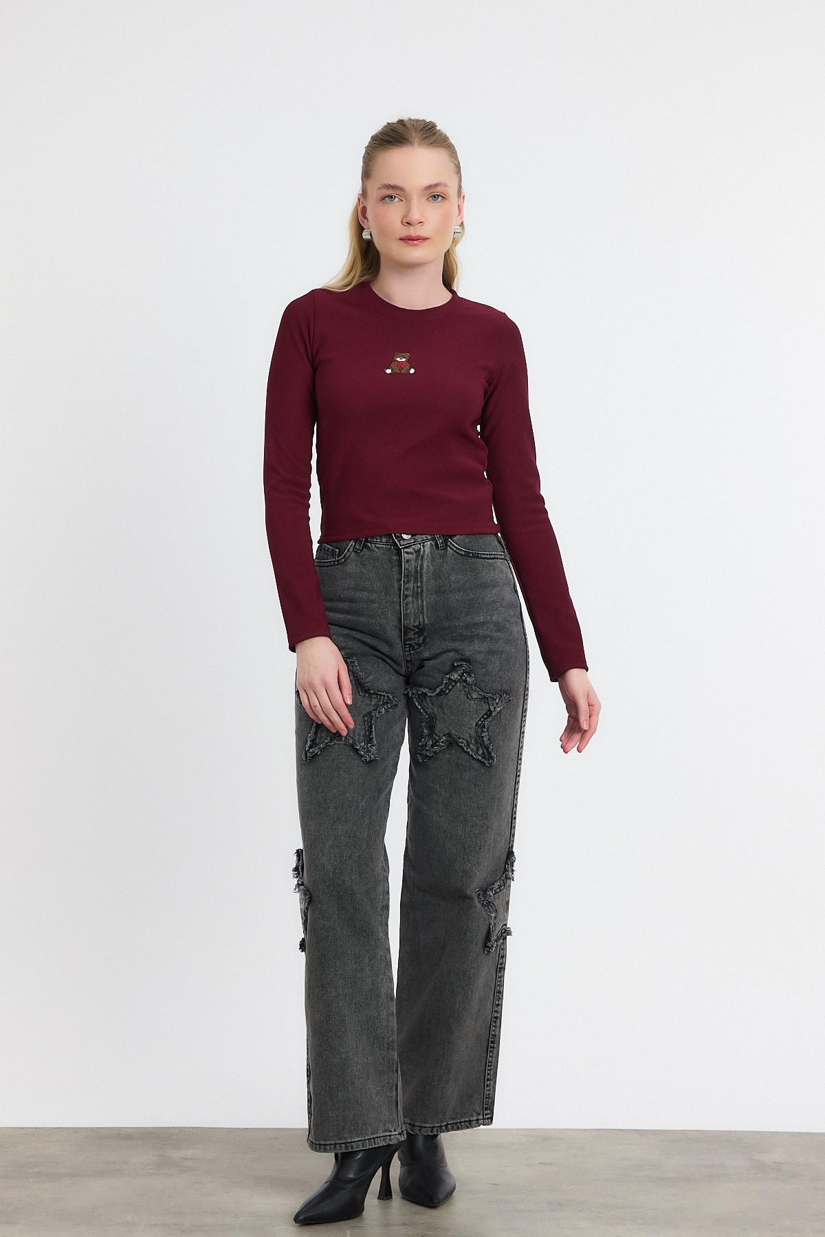 Bordo Ayıcık Nakışlı Bisiklet Yaka Bluz 2200