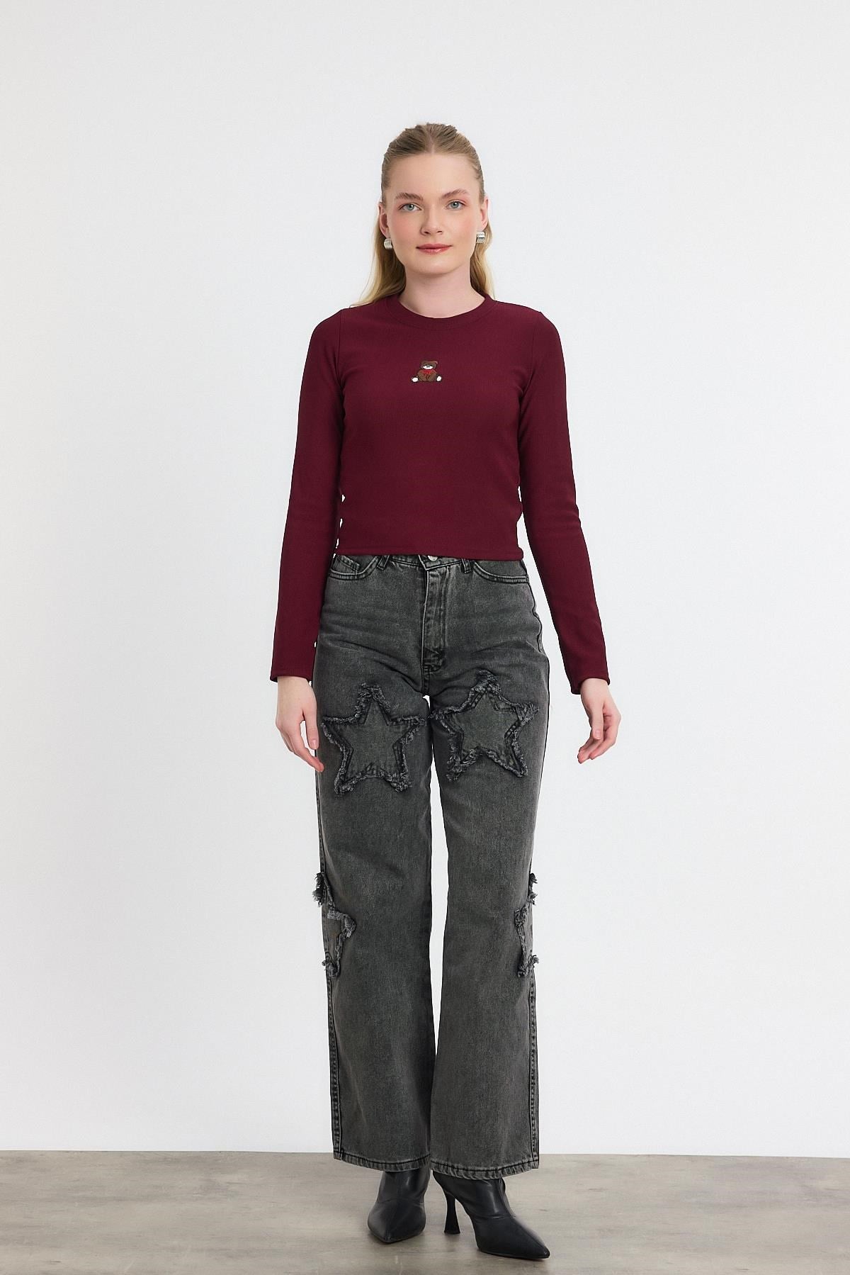 Bordo Ayıcık Nakışlı Bisiklet Yaka Bluz 2200