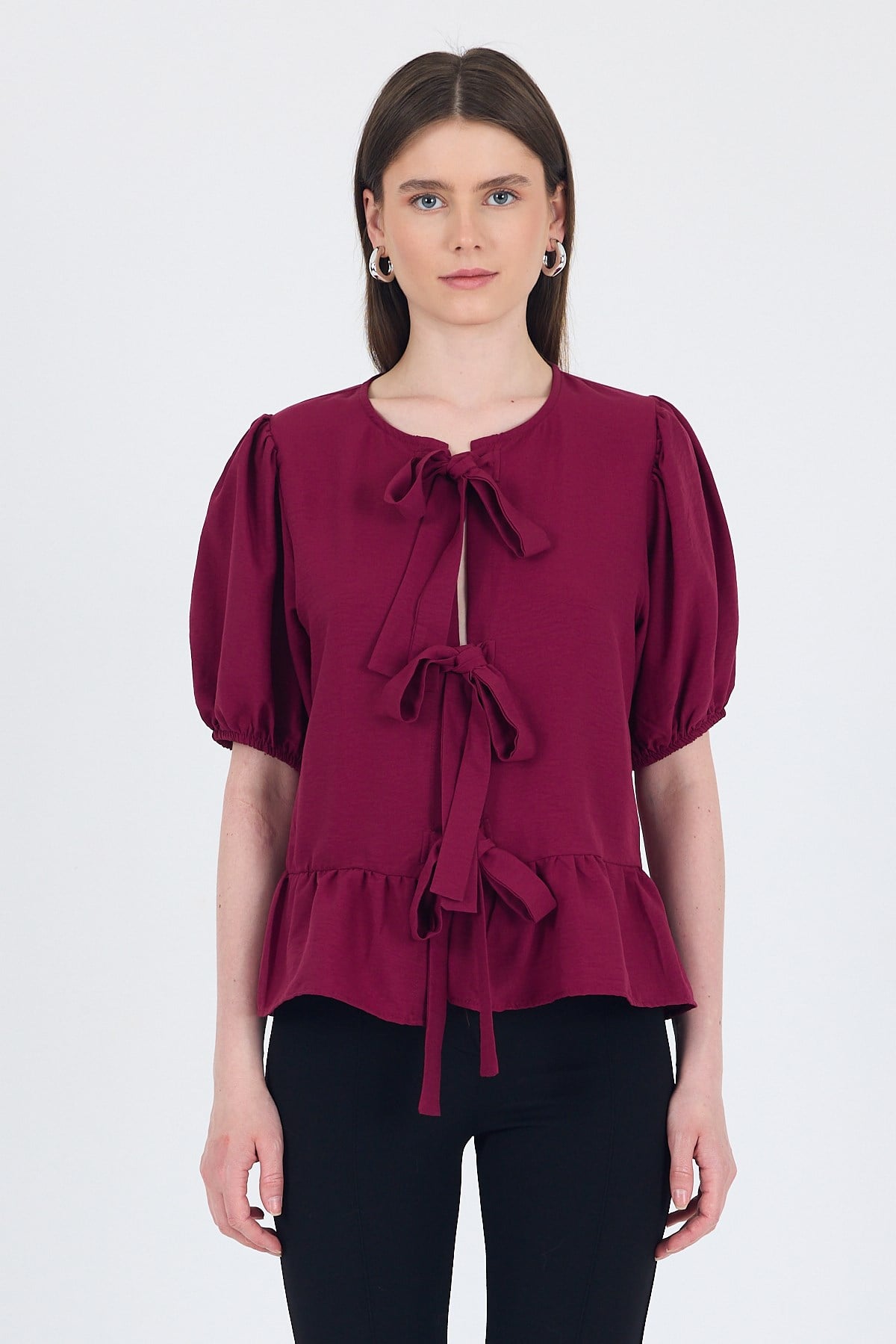 Bordo Bağlama Detaylı Balon Kollu Bluz 4334A
