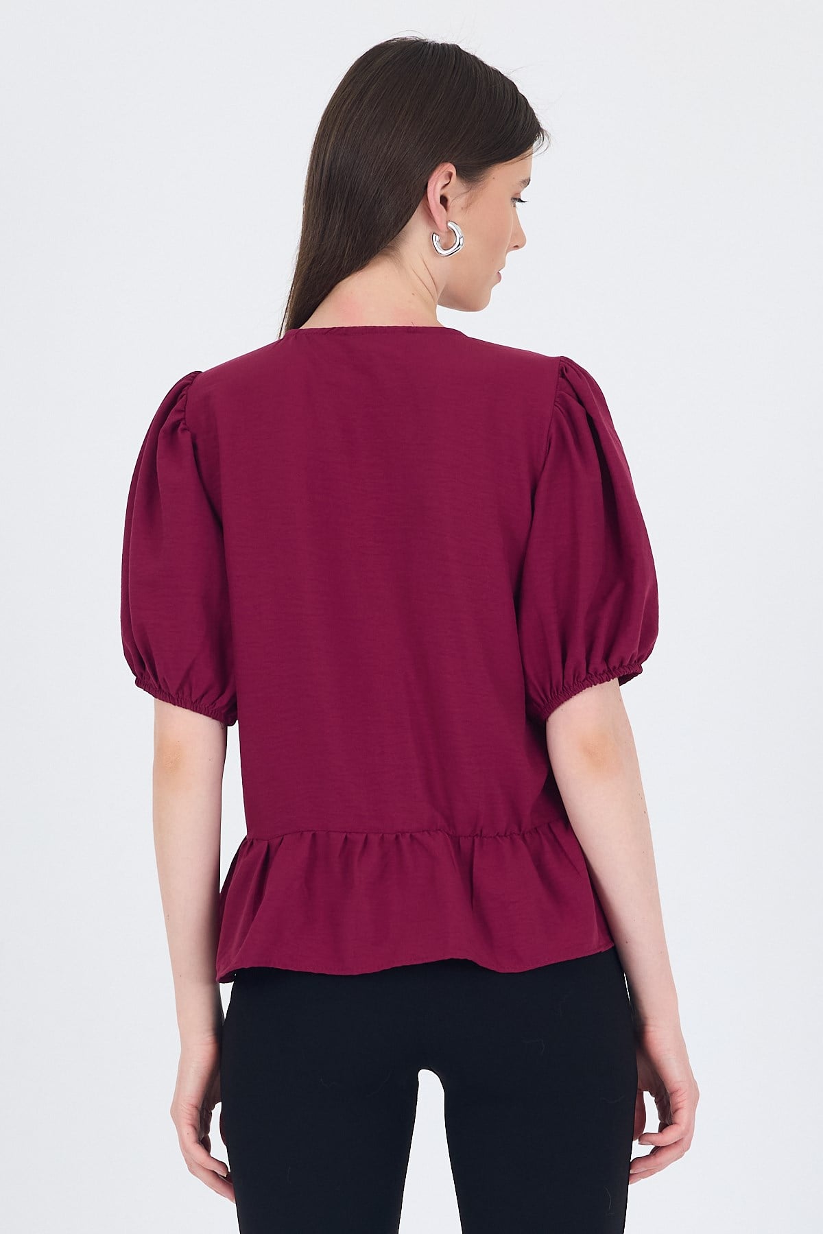 Bordo Bağlama Detaylı Balon Kollu Bluz 4334A