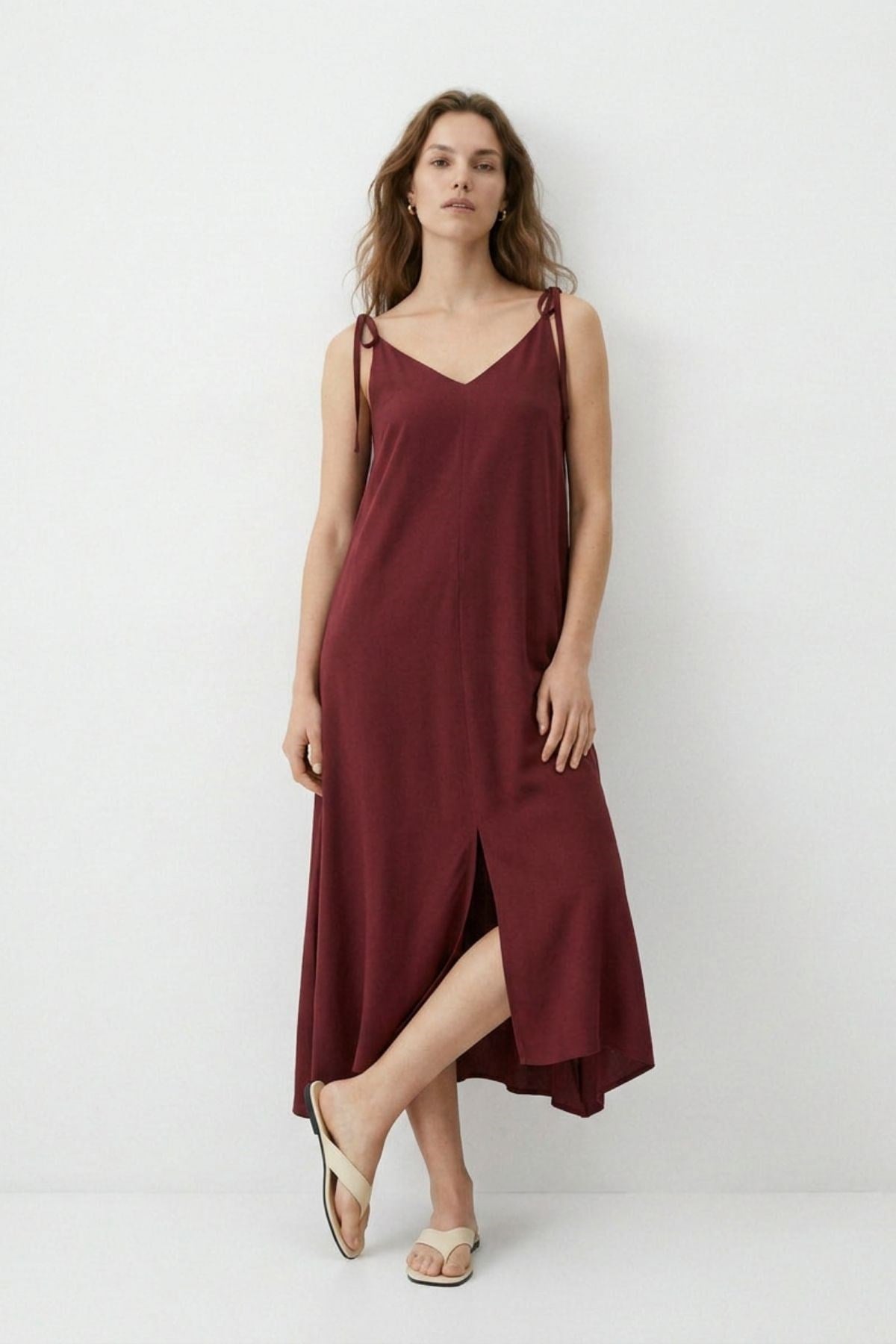Bordo Bağlamalı Askılı Elbise 3653