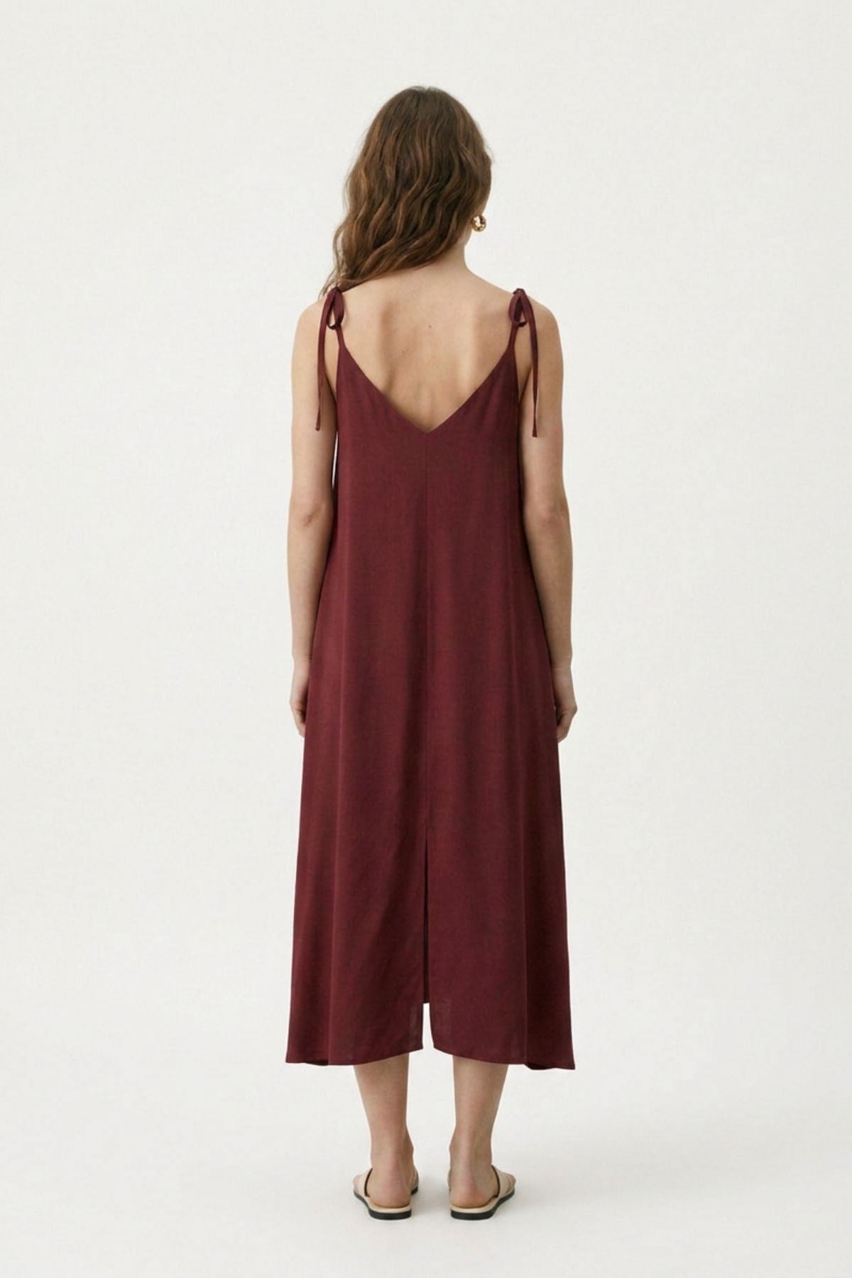 Bordo Bağlamalı Askılı Elbise 3653