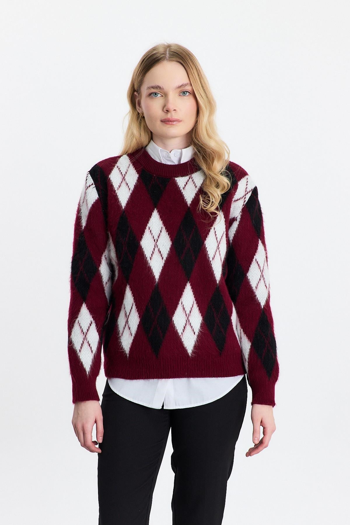 Bordo Baklava Desen Şardonlu Kazak 24376