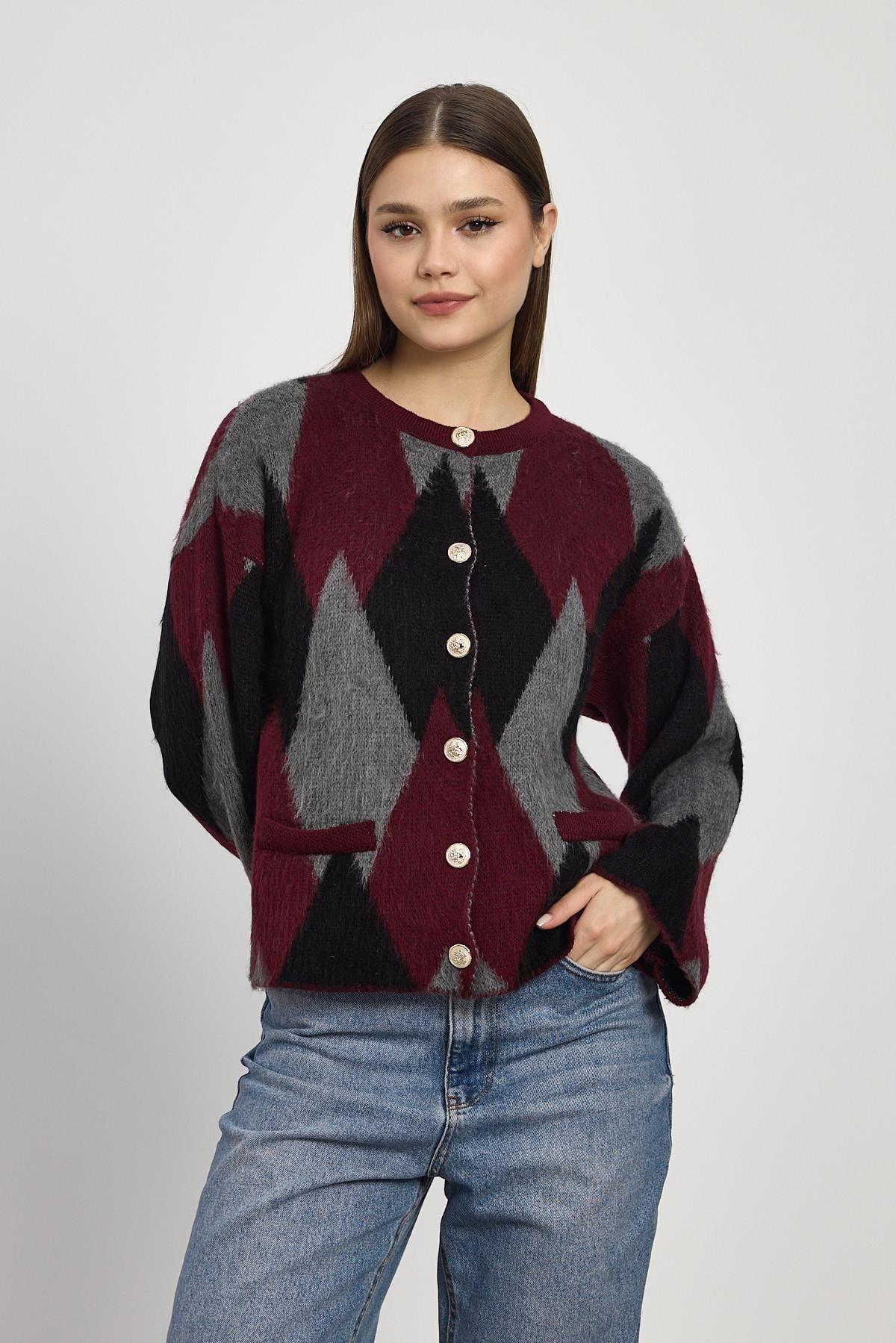 Bordo Baklava Desenli Hırka 24375