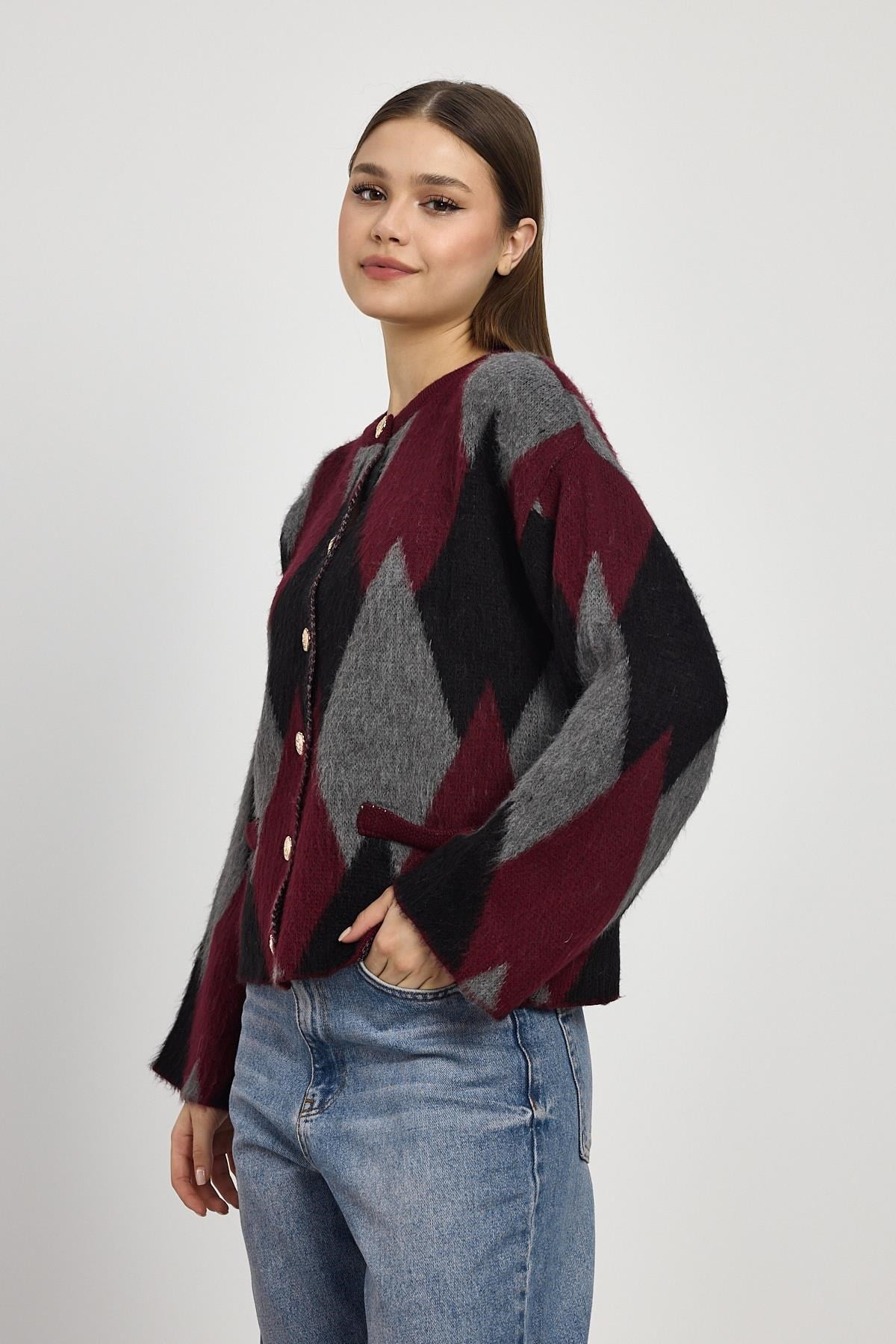 Bordo Baklava Desenli Hırka 24375