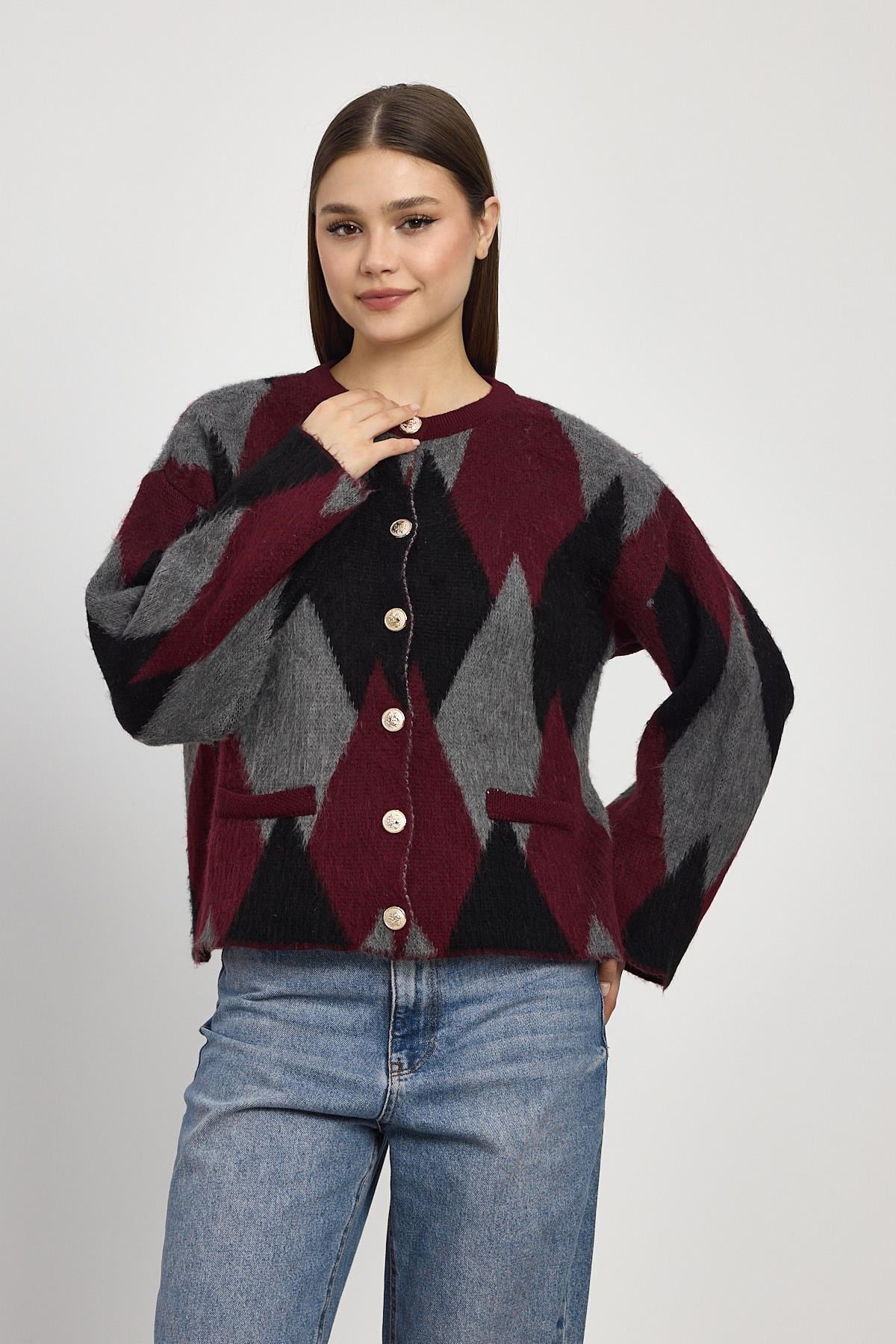 Bordo Baklava Desenli Hırka 24375