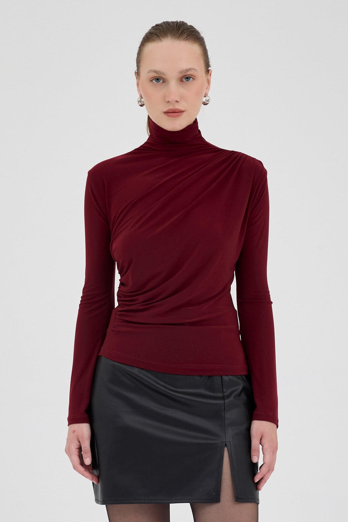 Bordo Balıkçı Yaka Drapeli Bluz 2517