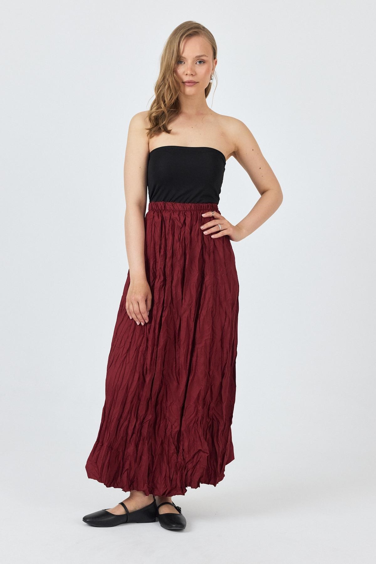 Bordo Bel Lastikli Kırışık Kumaş Etek 3483