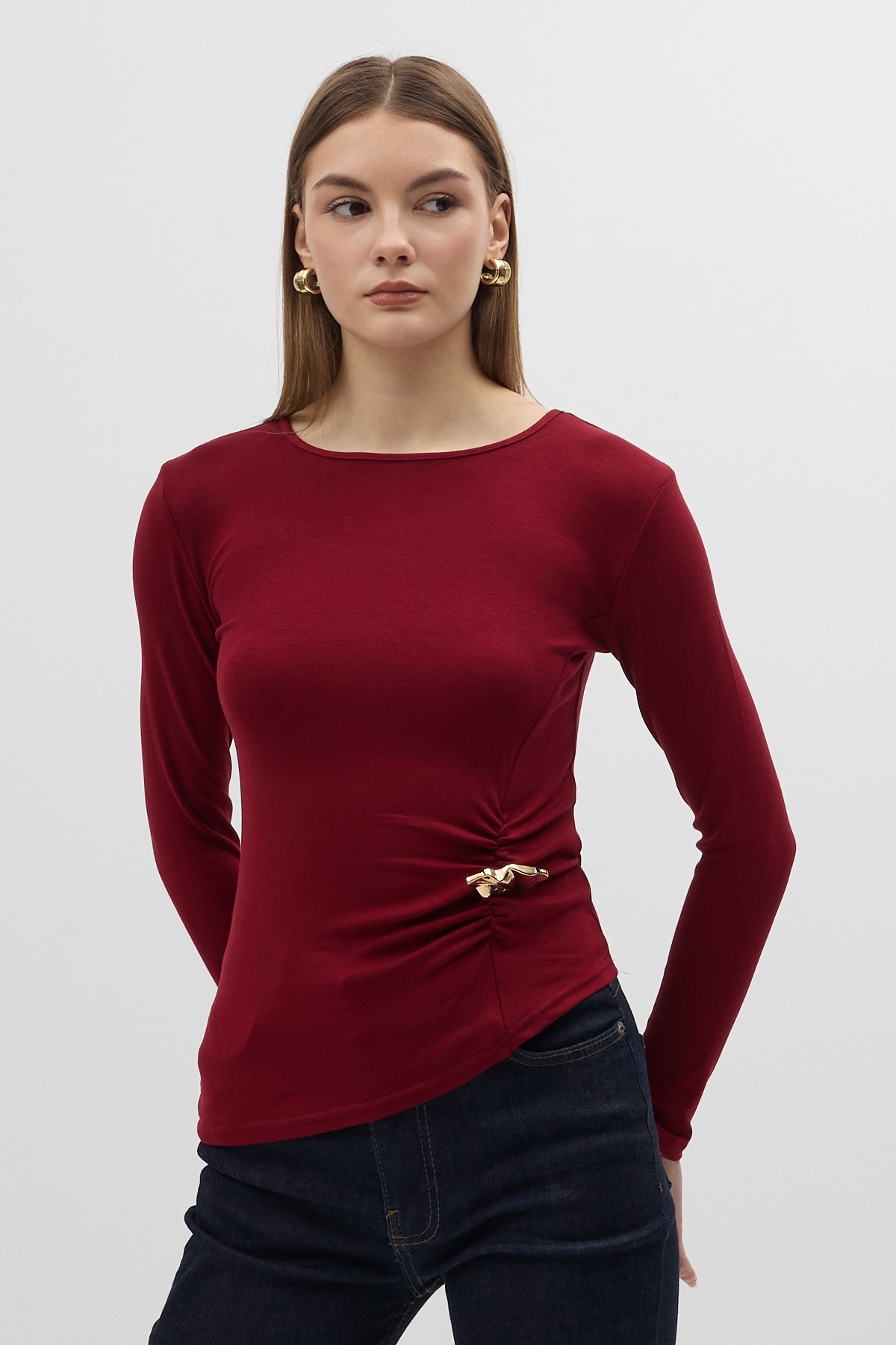 Bordo Bel Toka Detaylı Uzun Kollu Bluz 8221A