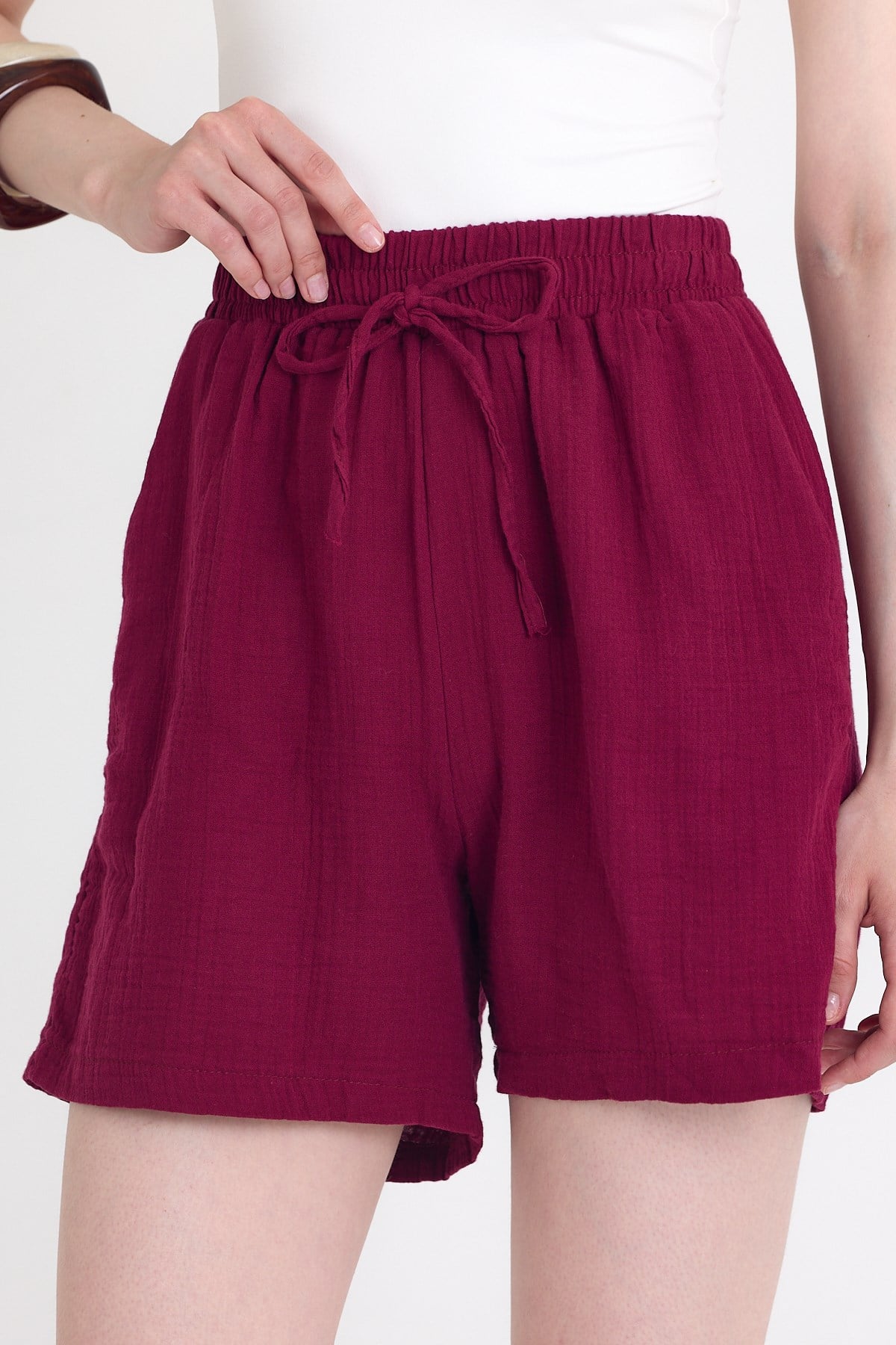 Bordo Beli Lastikli %100 Pamuk Müslin Şort 4769A