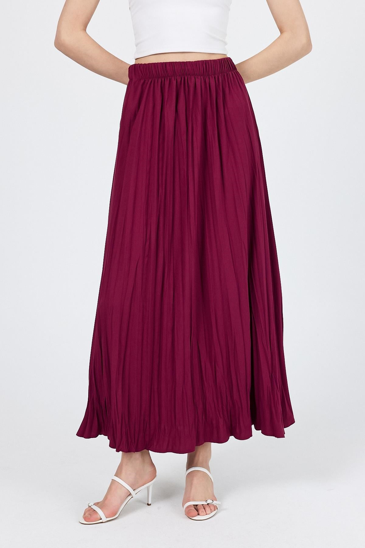 Bordo Beli Lastikli Kırışık Kumaş Etek 4692A