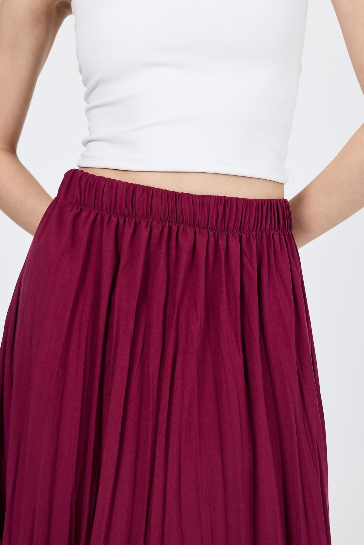 Bordo Beli Lastikli Kırışık Kumaş Etek 4692A