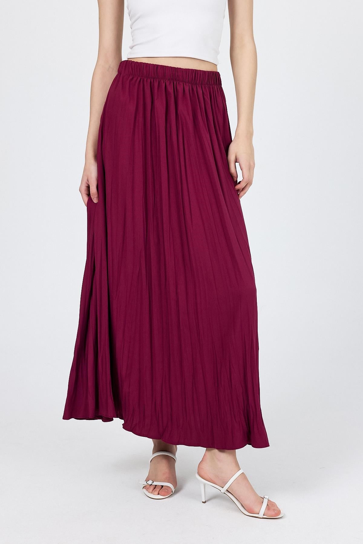 Bordo Beli Lastikli Kırışık Kumaş Etek 4692A