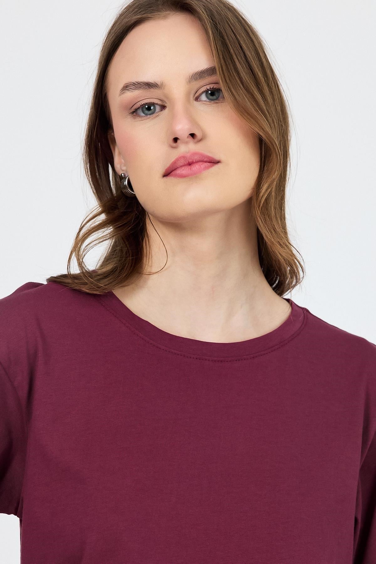 Bordo Bisiklet Yaka %100 Pamuk Relaxed Fit Tişört 2142M
