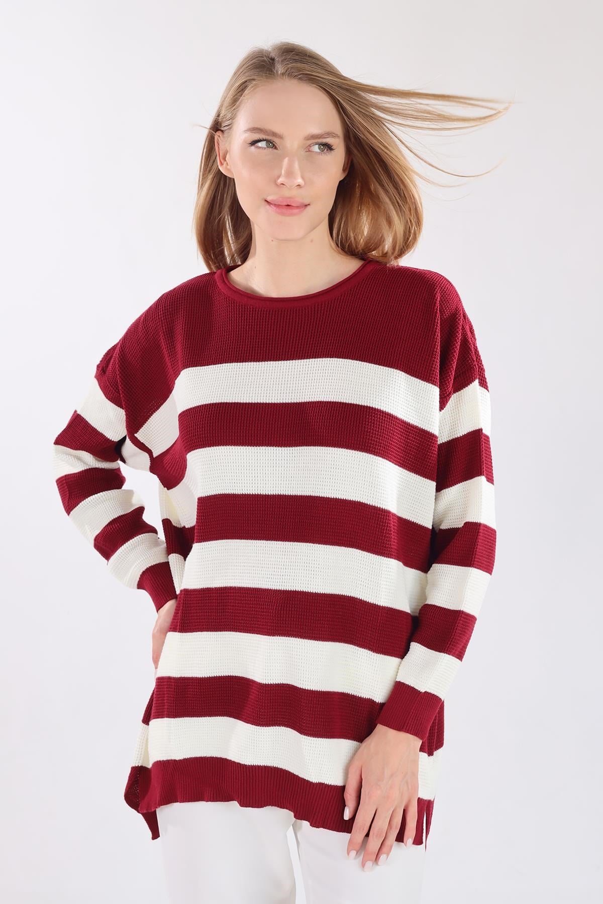 Bordo Bisiklet Yaka Çizgili Tunik 5380