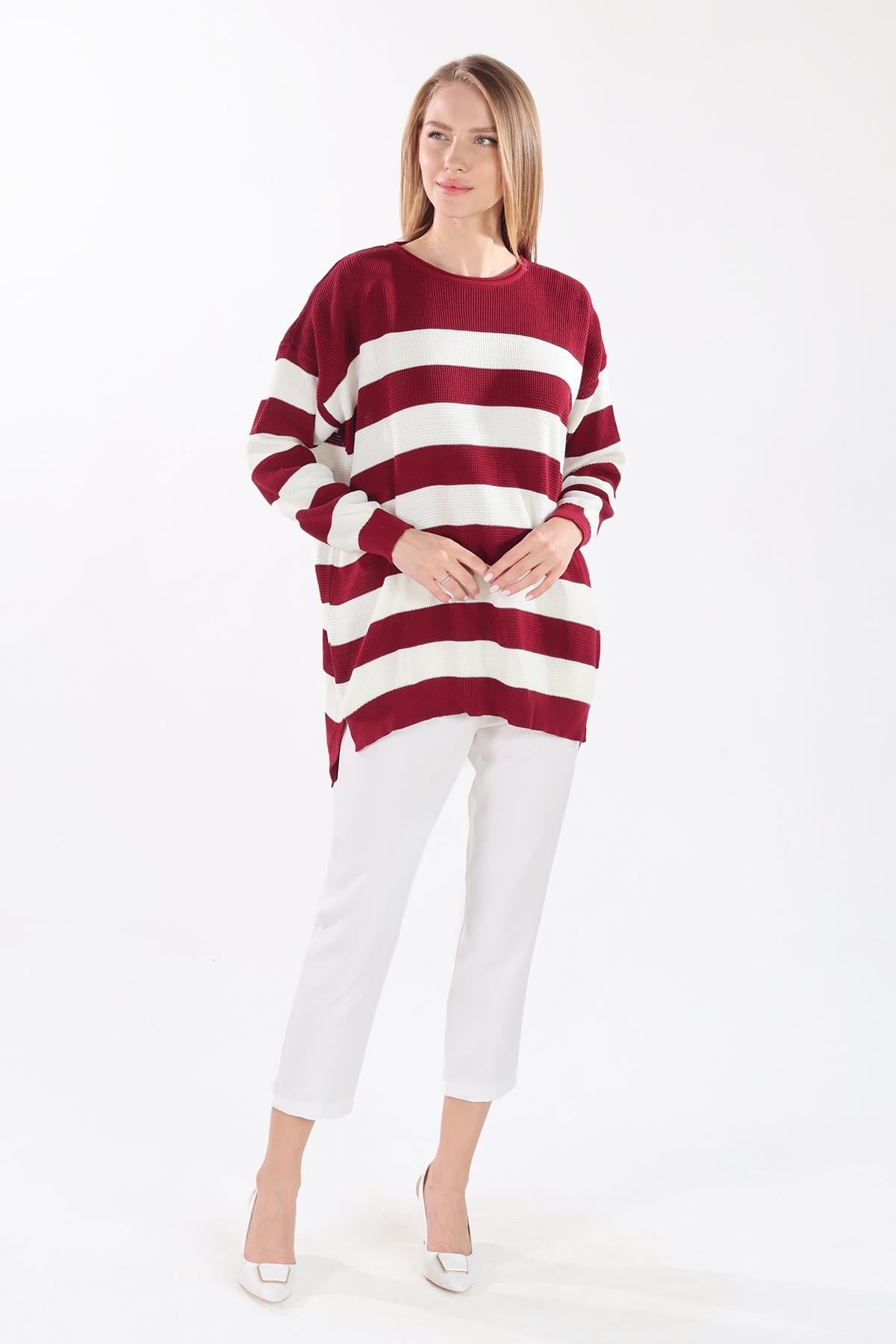 Bordo Bisiklet Yaka Çizgili Tunik 5380
