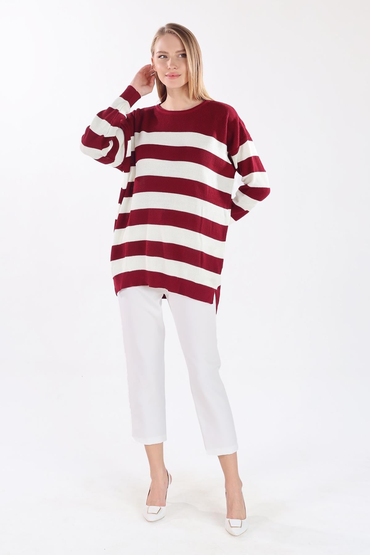 Bordo Bisiklet Yaka Çizgili Tunik 5380