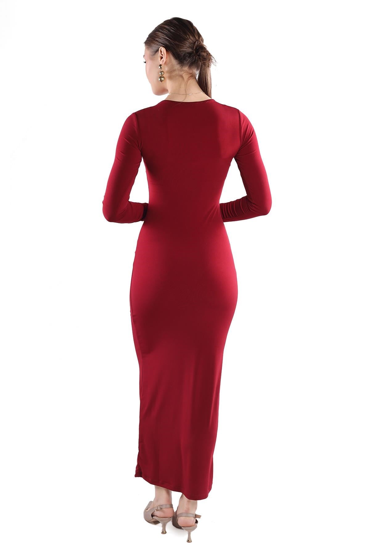 Bordo Bisiklet Yaka Elbise 376