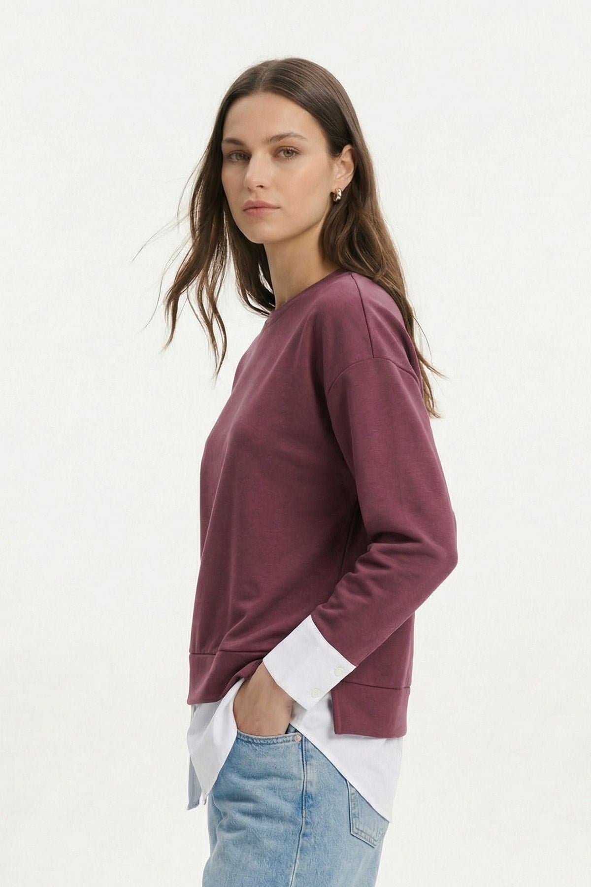 Bordo Bisiklet Yaka Garnili Bluz 8375