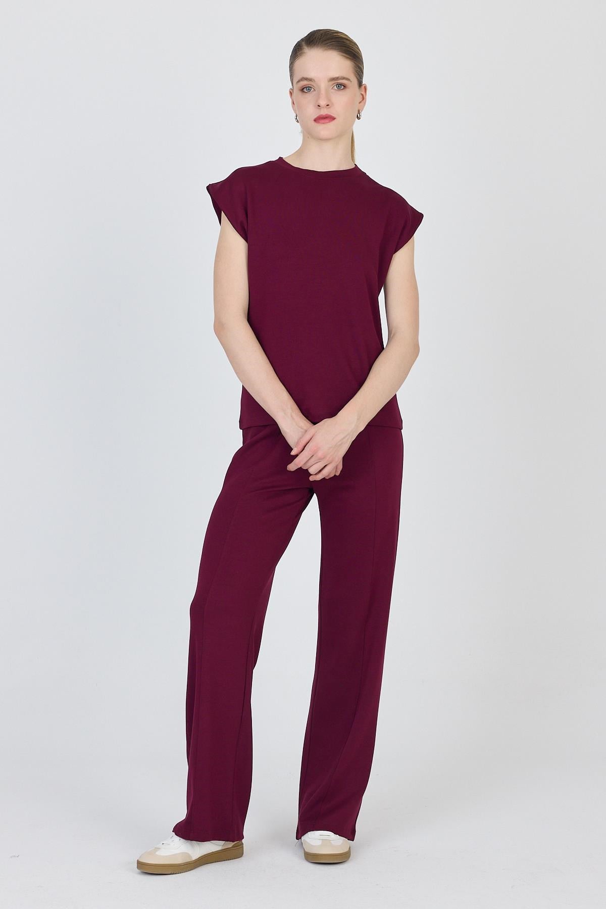 Bordo Bisiklet Yaka İkili Tişört Pantolon Takım 1502