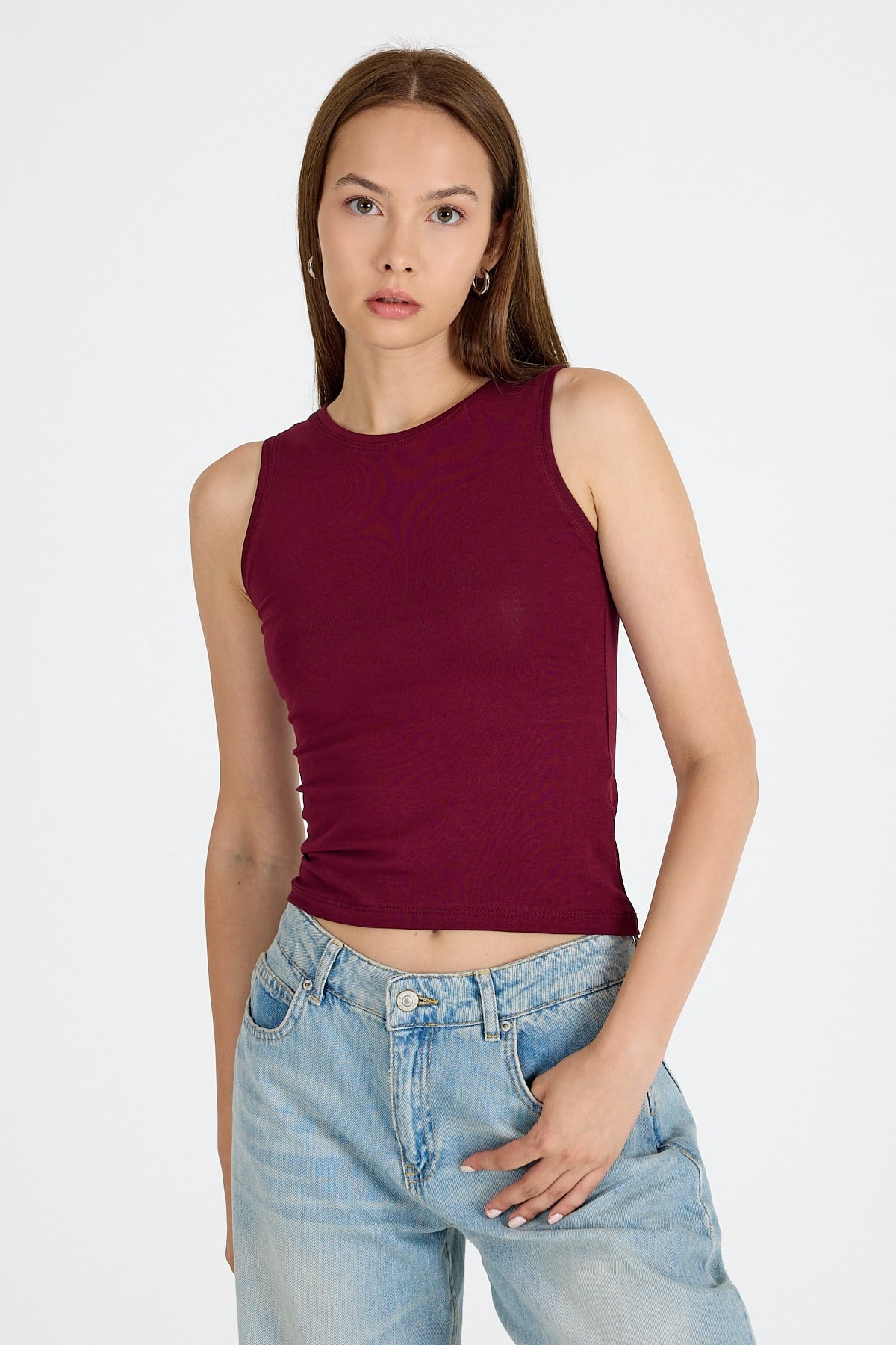 Bordo  Bisiklet Yaka Kolsuz Slim Fit Atlet 1663