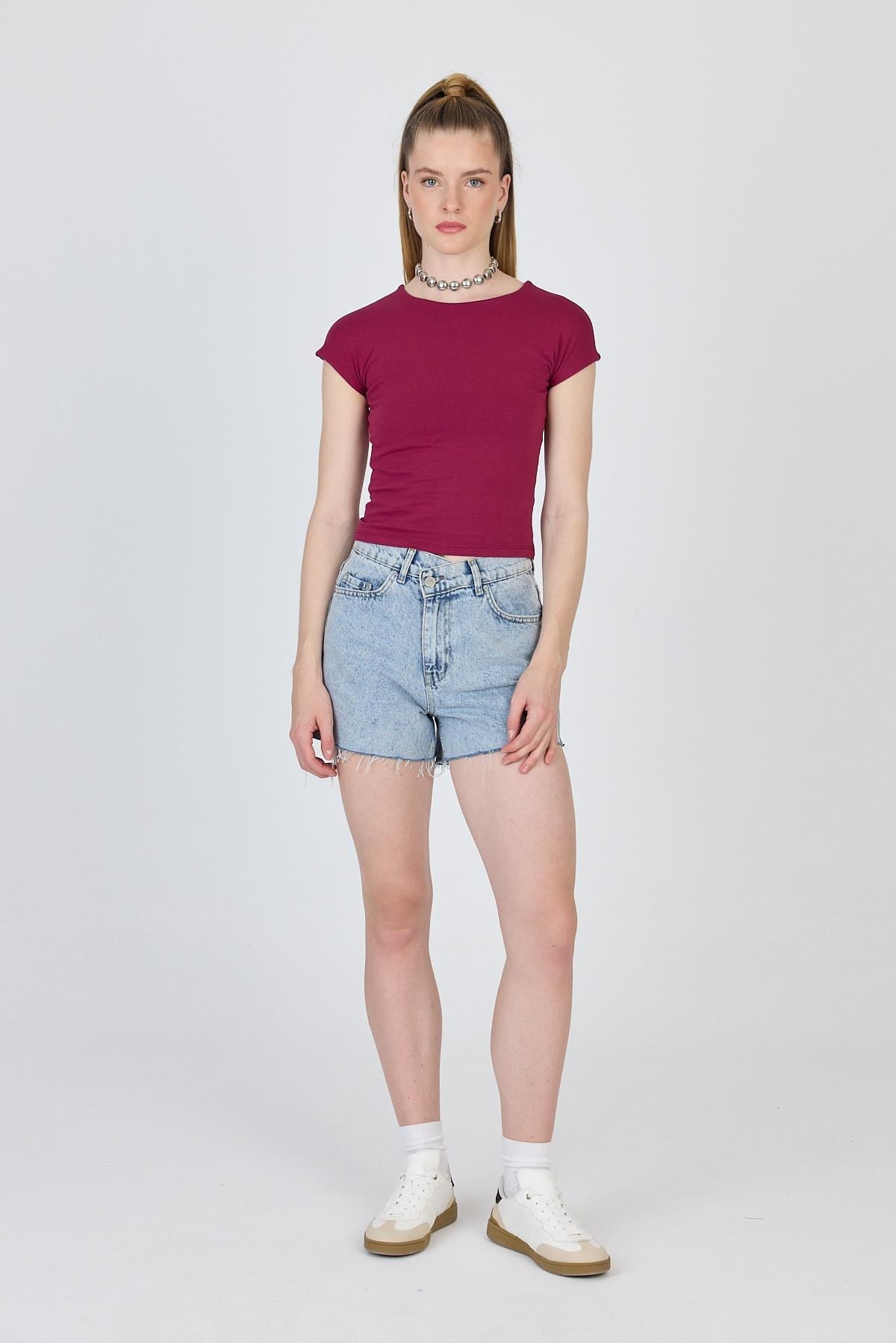 Bordo Bisiklet Yaka Pamuklu Slim Fit Tişört 9190