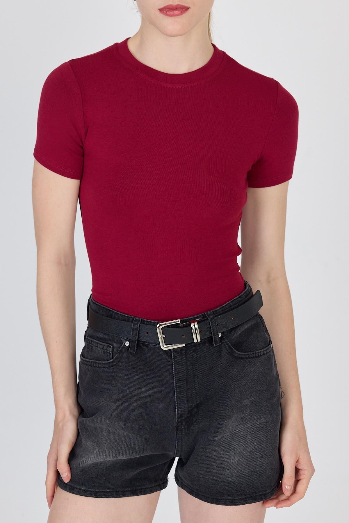 Bordo Bisiklet Yaka Viskoz/Yumuşak Kumaş Slim Fit Tişört 1468