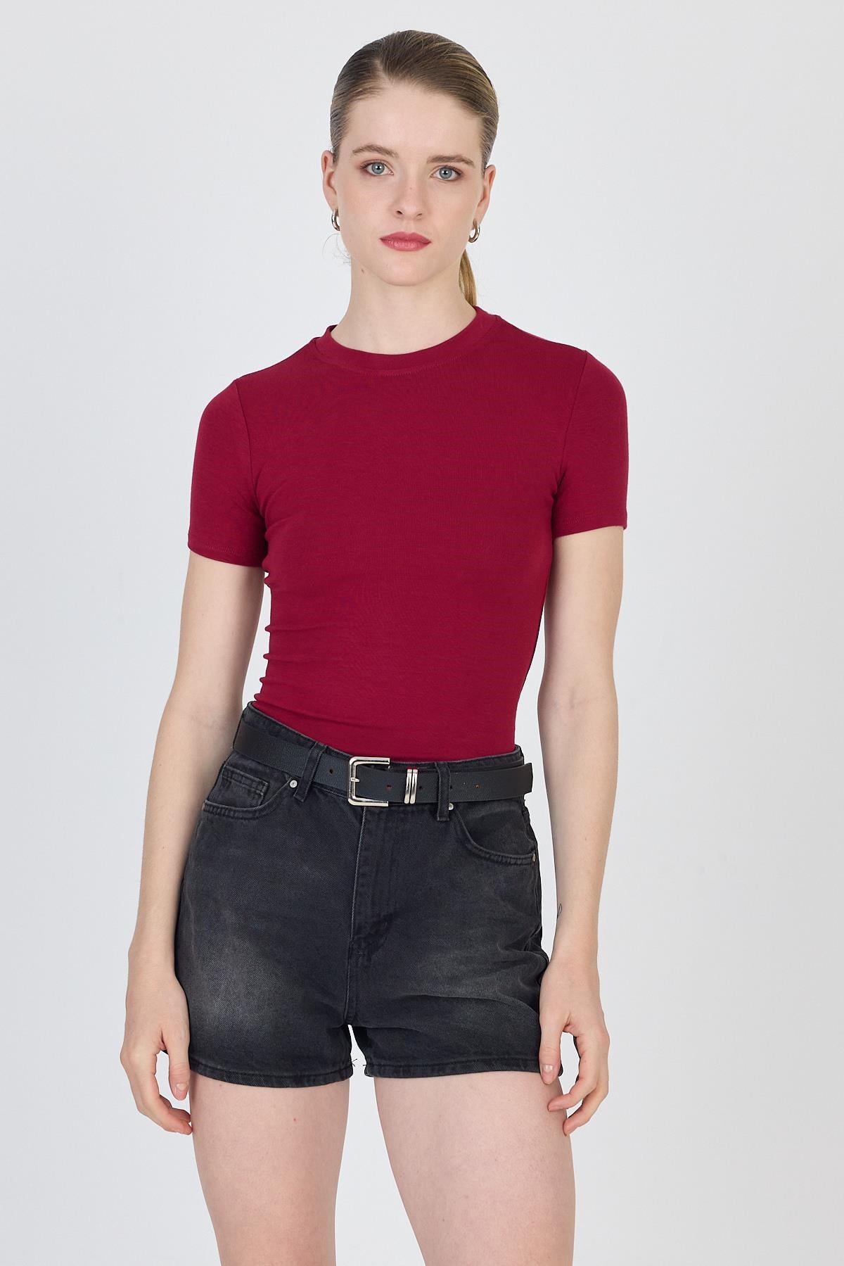 Bordo Bisiklet Yaka Viskoz/Yumuşak Kumaş Slim Fit Tişört 1468
