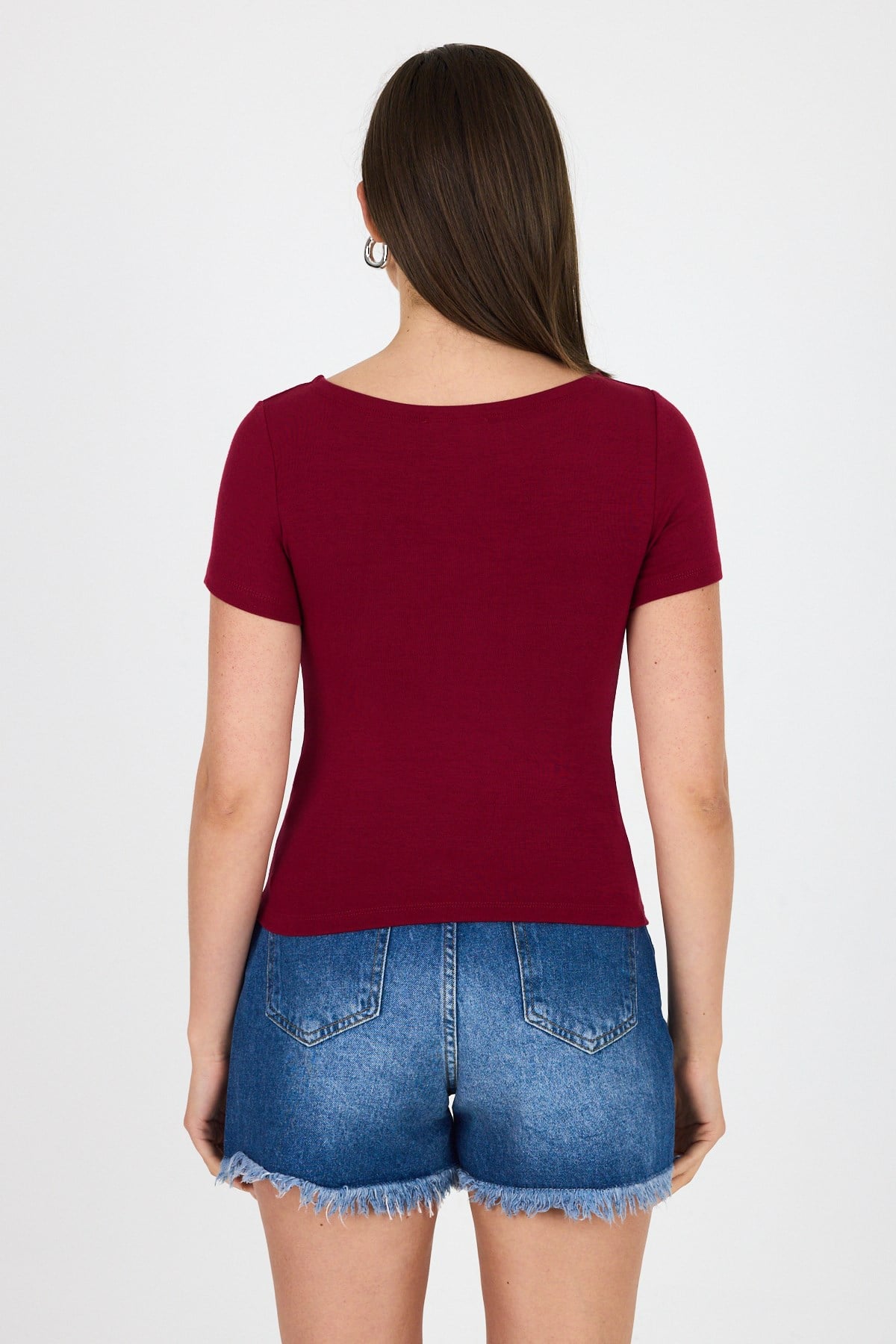 Bordo Bisiklet Yaka Viskoz/Yumuşak Kumaş Tişört 1469