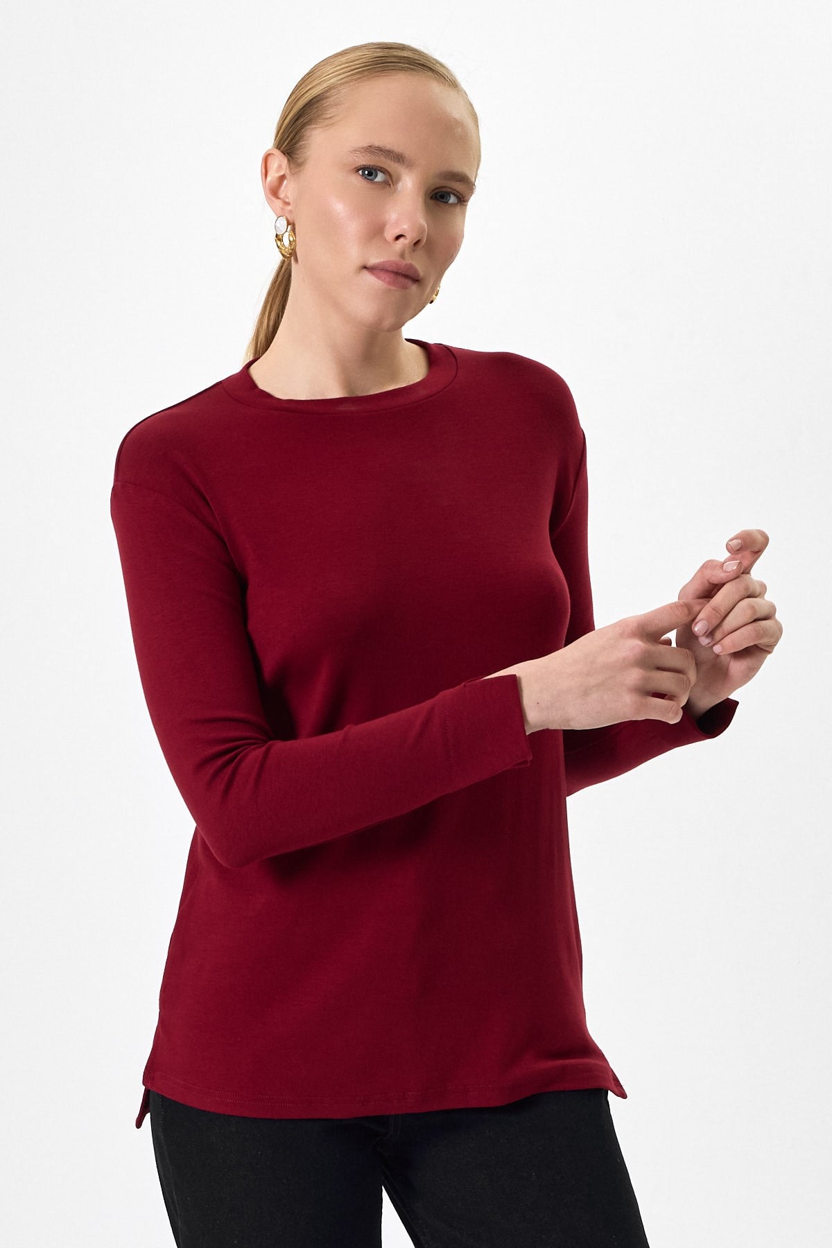 Bordo Bisiklet Yaka Yan Yırtmaçlı Tunik 8229A