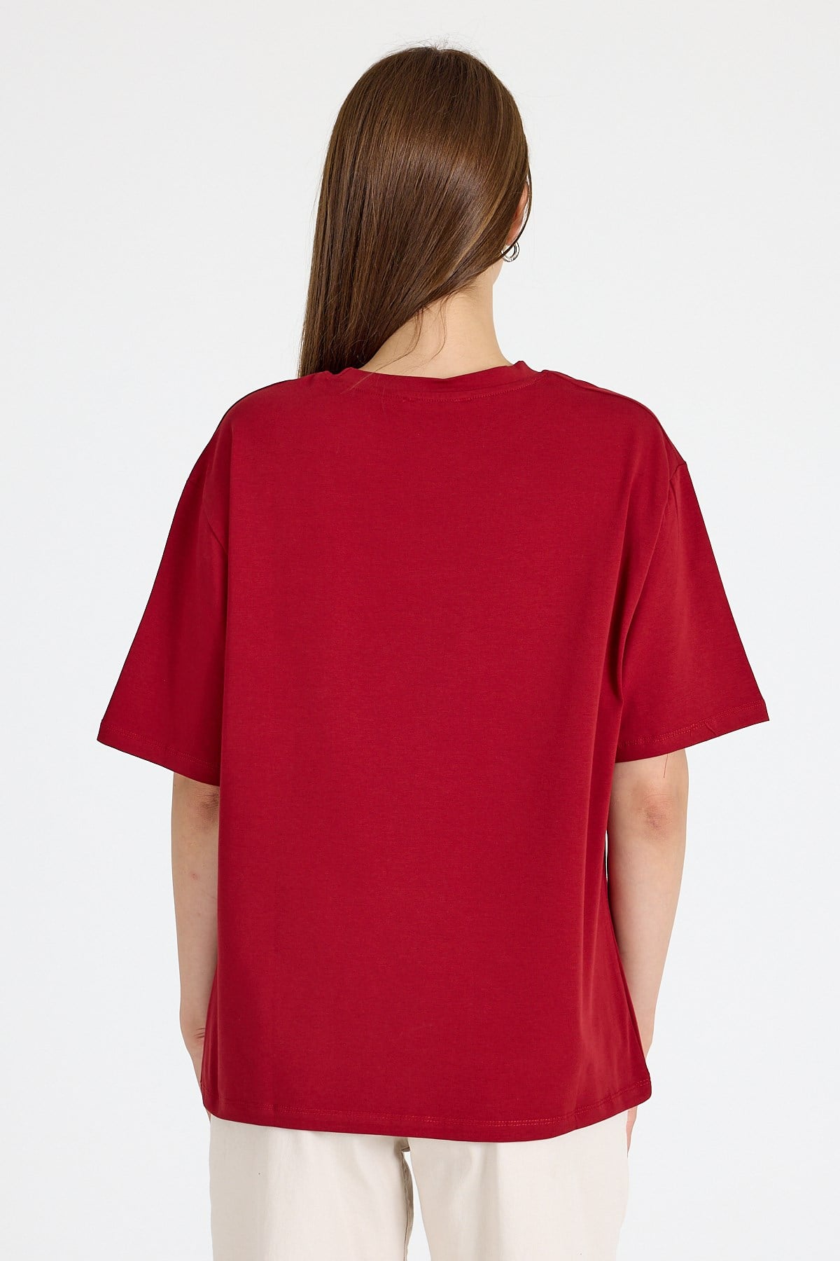 Bordo Bisiklet Yaka Yazı Baskılı Oversize Tişört 5832