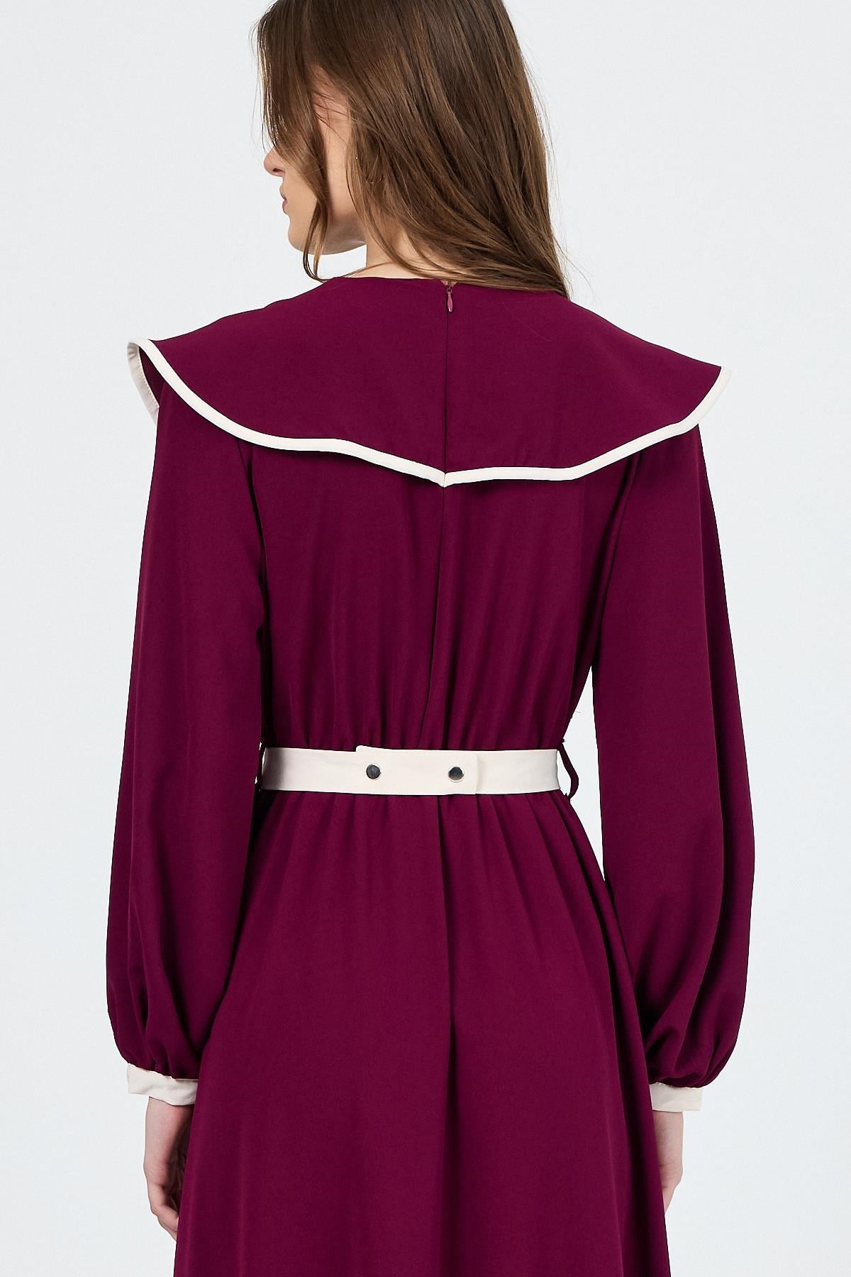 Bordo Biye Detaylı Bebe Yaka Elbise 4413A