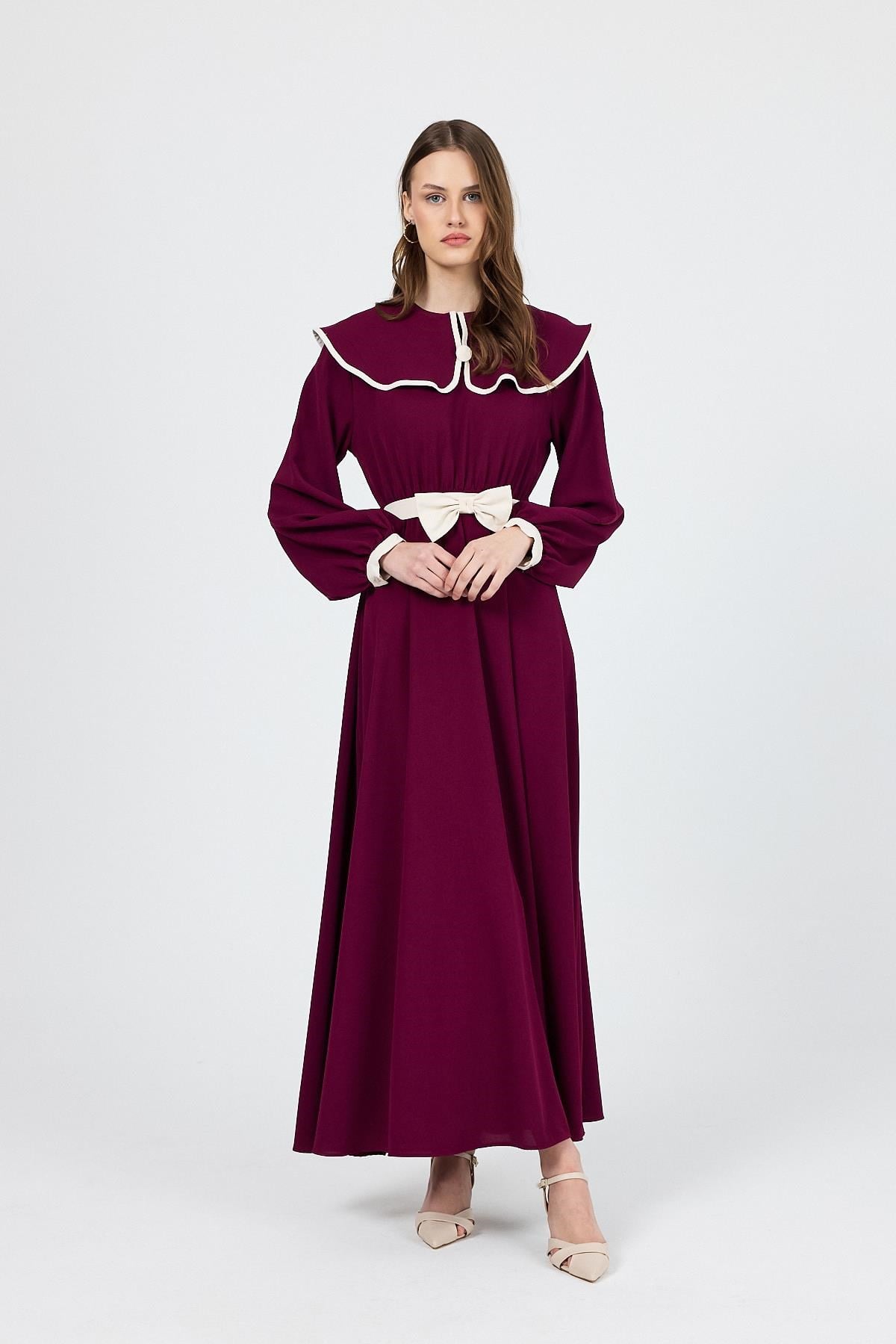 Bordo Biye Detaylı Bebe Yaka Elbise 4413A
